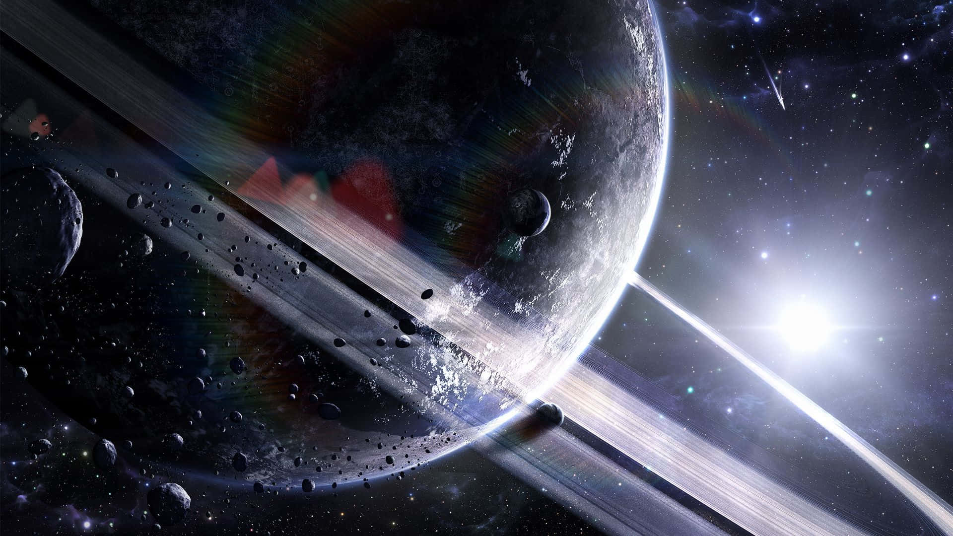 Cool Space 桌布 壁紙 — 一顆宏偉的環狀行星在明亮恆星下發光，帶有色彩繽紛的大氣帶和漂浮在深空中的小行星。
