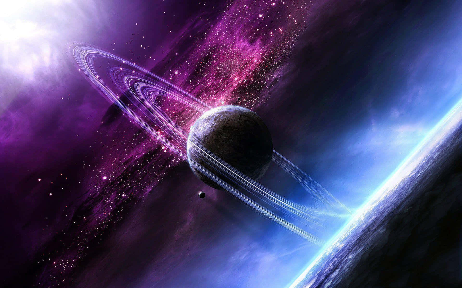 Mystical 桌布 壁紙 — 一顆宏偉的環狀行星在紫色星雲和星場的宇宙背景下發光，帶有明亮的藍色行星邊緣。