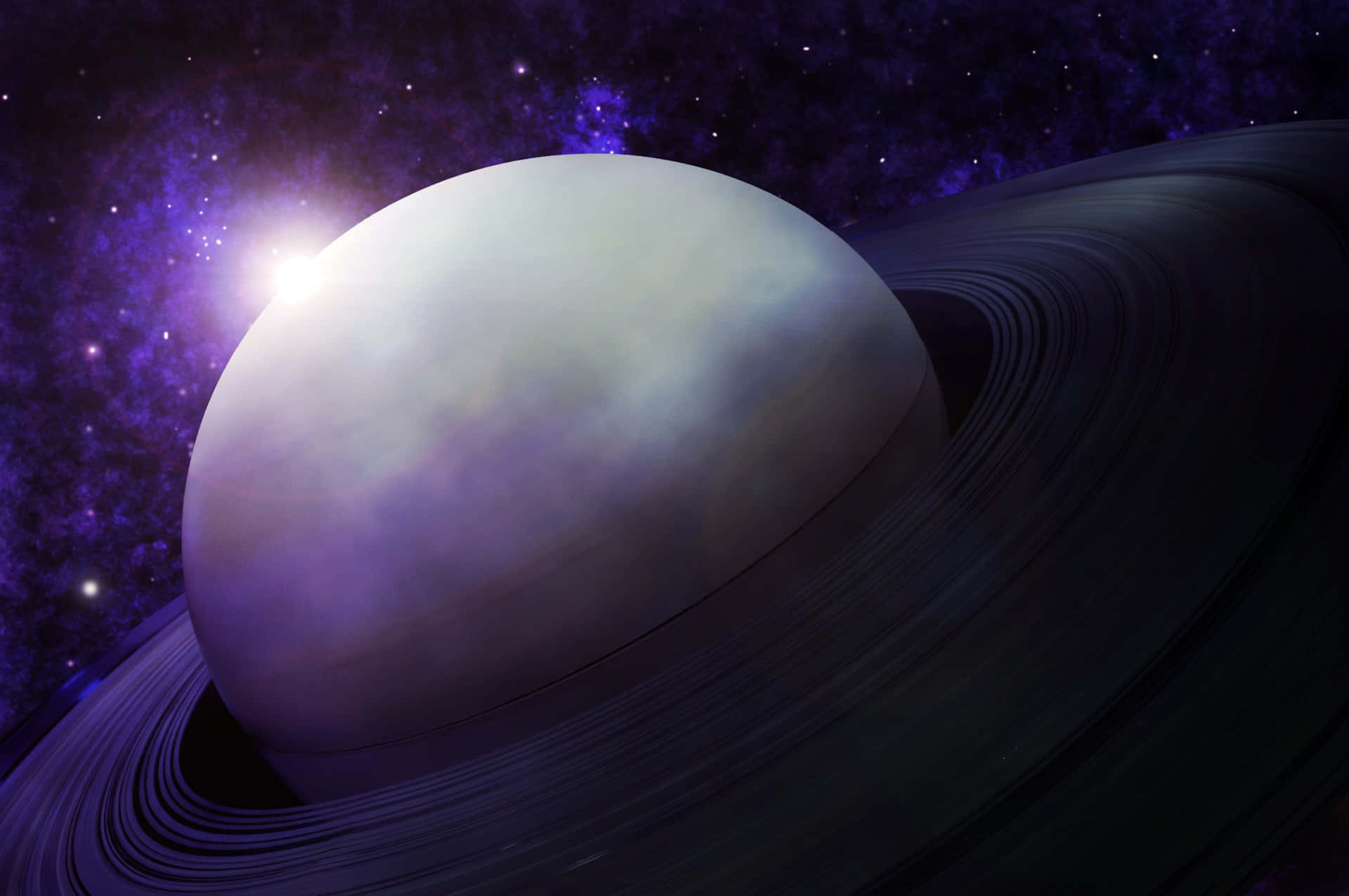 土星 桌布 壁紙 — 一顆宏偉的環狀行星在繁星點點的紫色宇宙背景上柔和地發光，背後有燦爛的太陽爆發。
