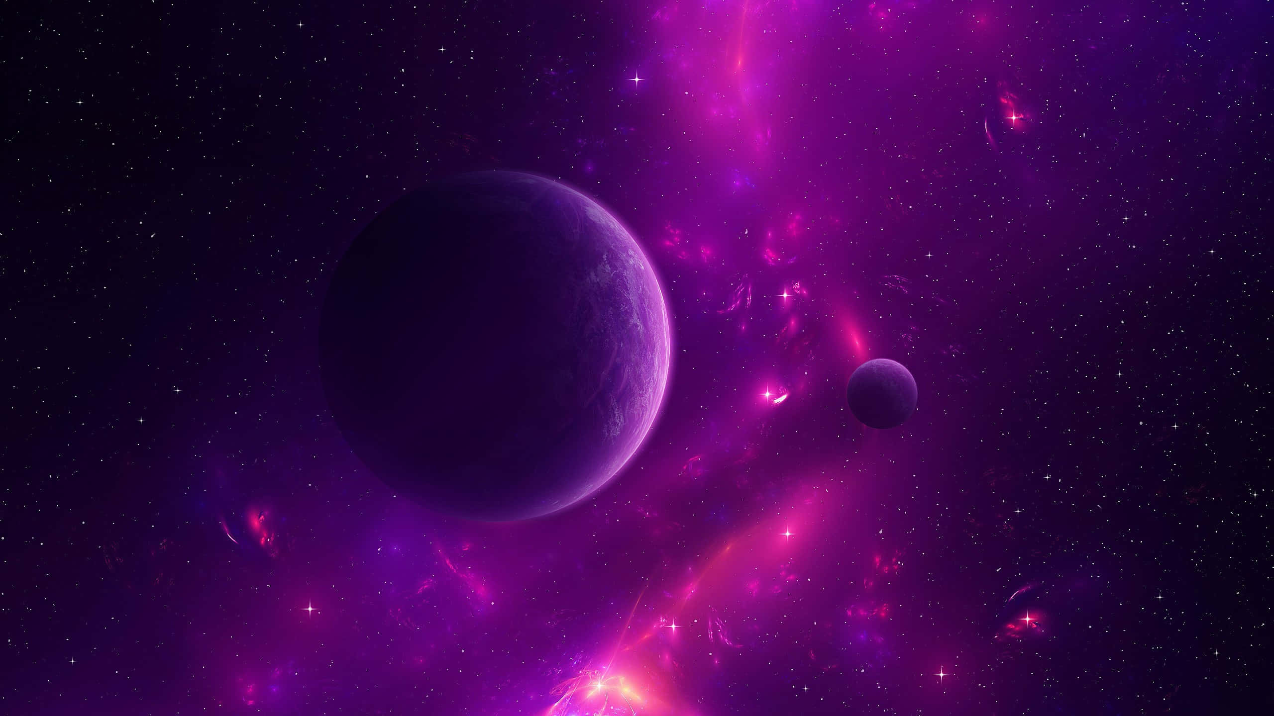 Purple Galaxy 桌布 壁紙 — 一顆宏偉的紫色行星在充滿閃爍星星和宇宙塵埃的活躍星雲中發光。