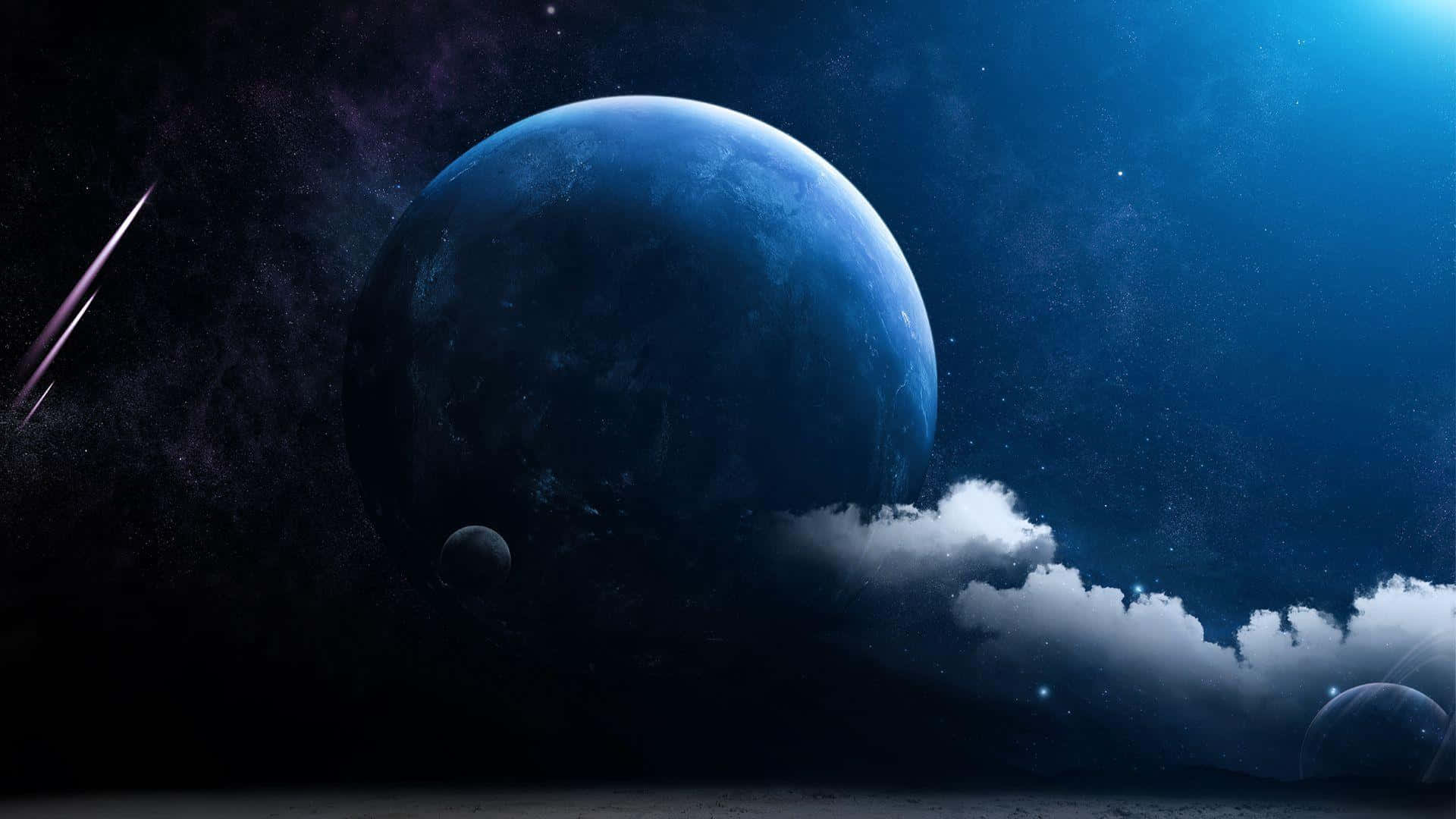 Blue Planet 桌布 壁紙 — 一顆宏偉的藍色行星懸浮在繁星點點的宇宙天空中，發光的雲朵和遙遠的衛星在深空中飄浮。