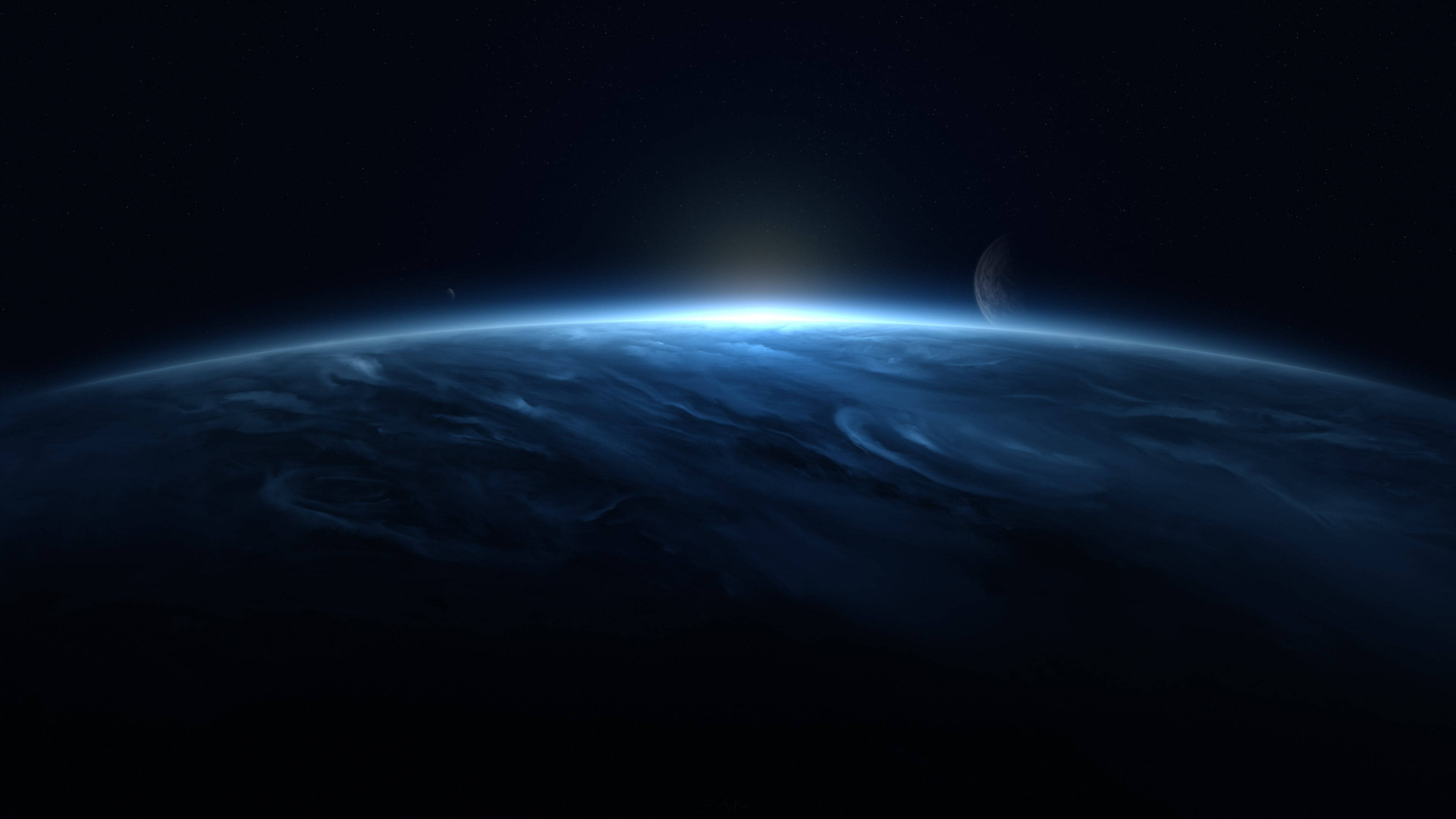 太空 桌布 壁紙 — 一顆寧靜的藍色行星在星空下彎曲，帶有發光的地平線和遙遠的月亮。