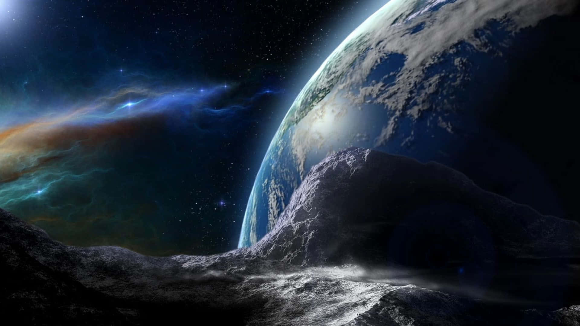 Beautiful Space 桌布 壁紙 — 一顆岩石小行星俯瞰著充滿活力的星雲和地球在太空中發光的彎曲地平線。