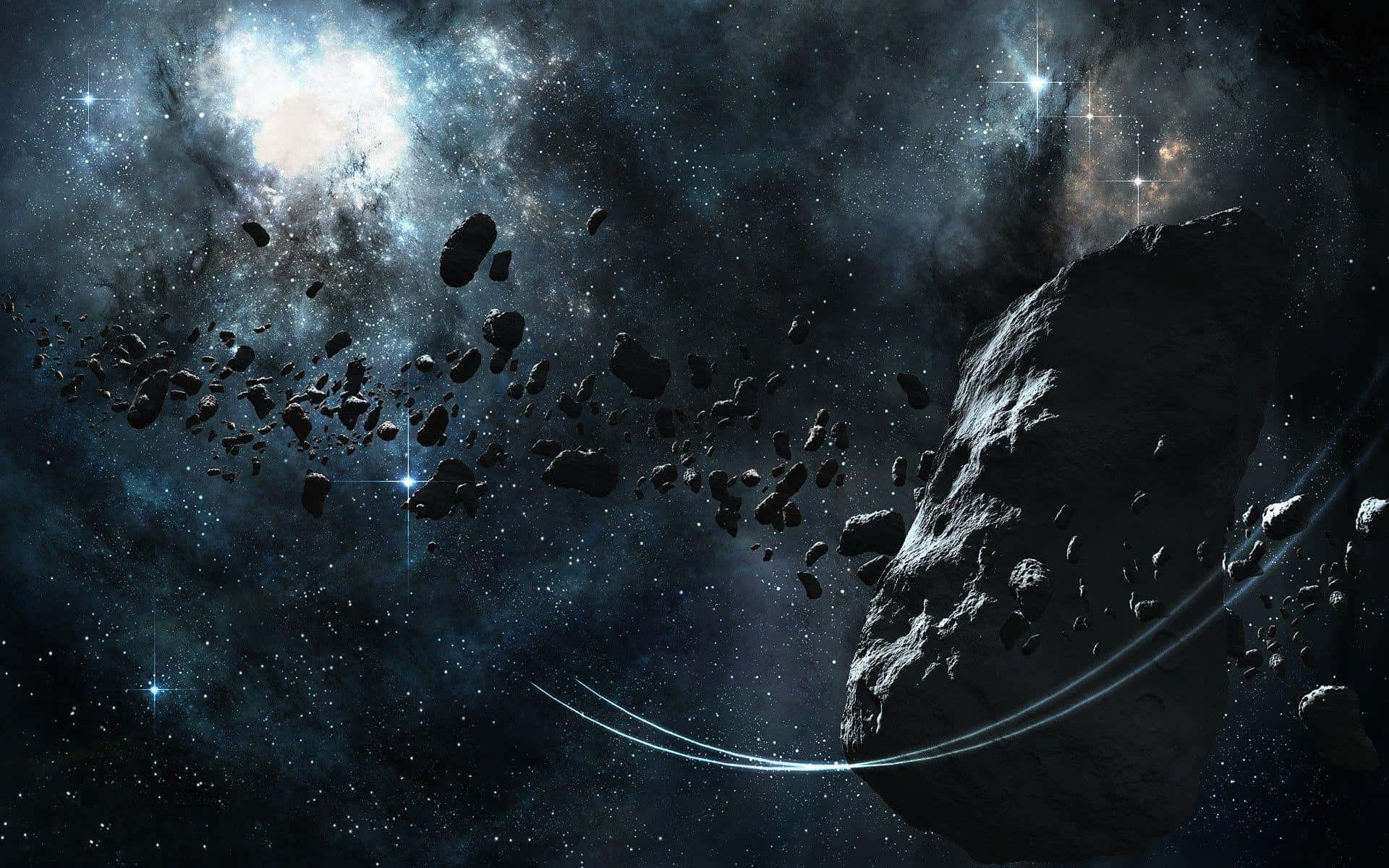 Asteroid 桌布 壁紙 — 一顆巨大的小行星在佈滿星辰的宇宙虛空中漂流，伴隨著發光的星雲和散落的碎片。