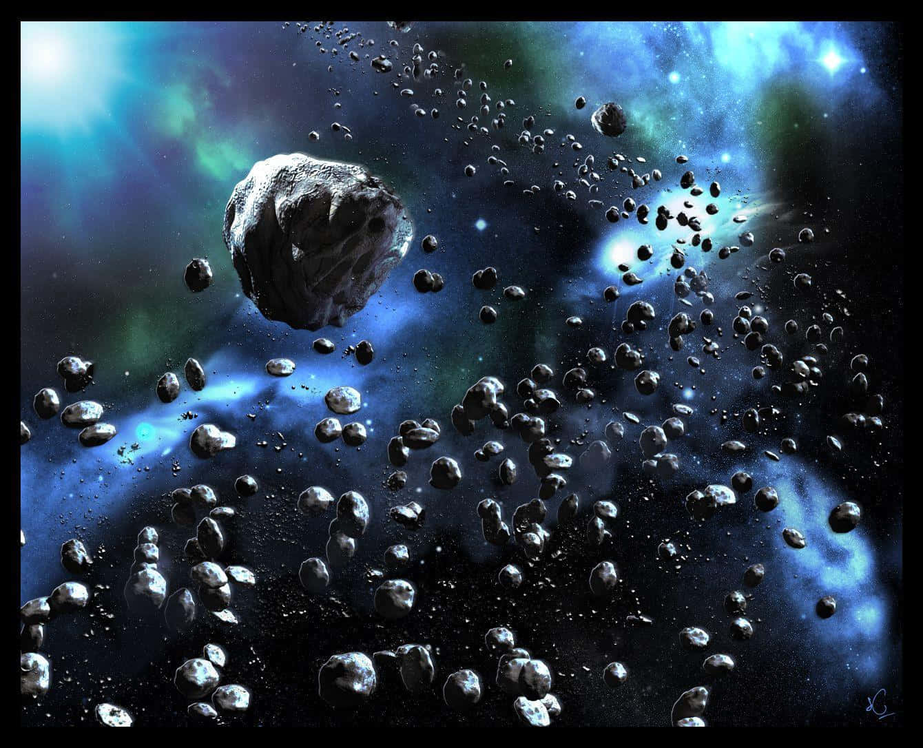 Asteroid 桌布 壁紙 — 一顆巨大的小行星在充滿活力的藍色和綠色星雲中漂流，周圍環繞著無數較小的太空岩石。