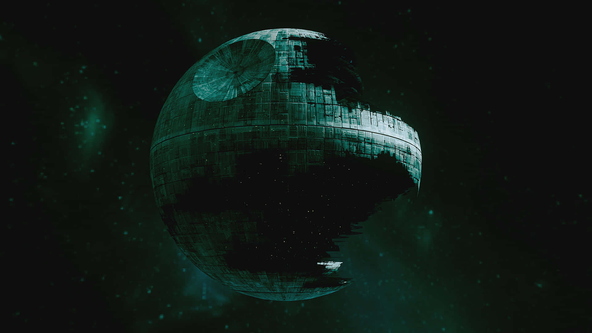 Death Star Ii 桌布 壁紙 — 一顆巨大的死星在深空中隱現，其金屬表面在佈滿星光的虛空中反射出詭異的青綠色光芒。