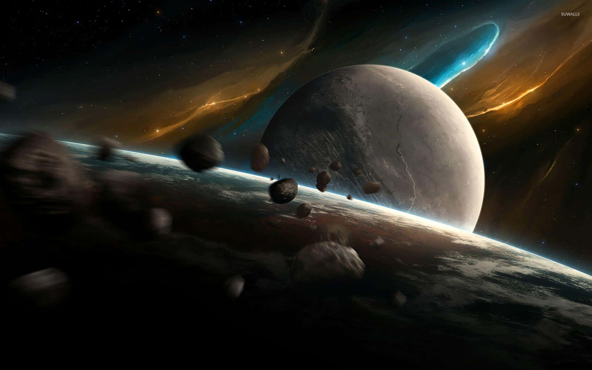 Asteroid 桌布 壁紙 — 一顆巨大的行星籠罩在旋轉的星雲之上，小行星在星空下的宇宙虛空中漂流。