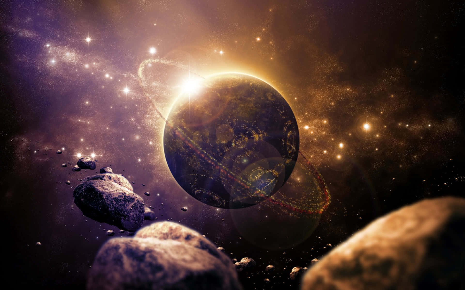 土星 桌布 壁紙 — 一顆帶有光環和古老符號的發光行星在小行星和恆星之間運行，構成宇宙場景。