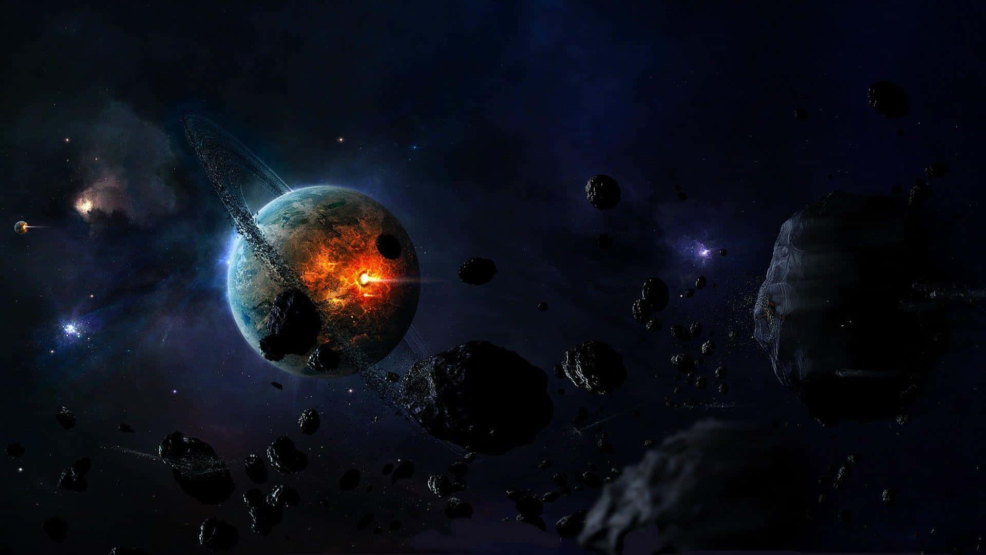 Asteroid 桌布 壁紙 — 一顆帶有光環的熾熱行星在漂浮的小行星和遙遠的恆星之間，在深邃的宇宙虛空中發光。