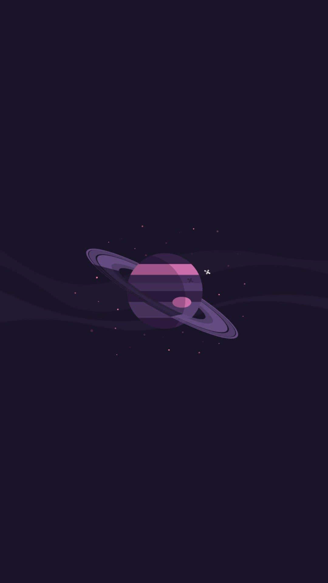 Minimalist Phone 桌布 壁紙 — 一顆帶有光環的風格化紫色行星，在點綴著微小星星的黑暗宇宙虛空中靜靜漂浮。