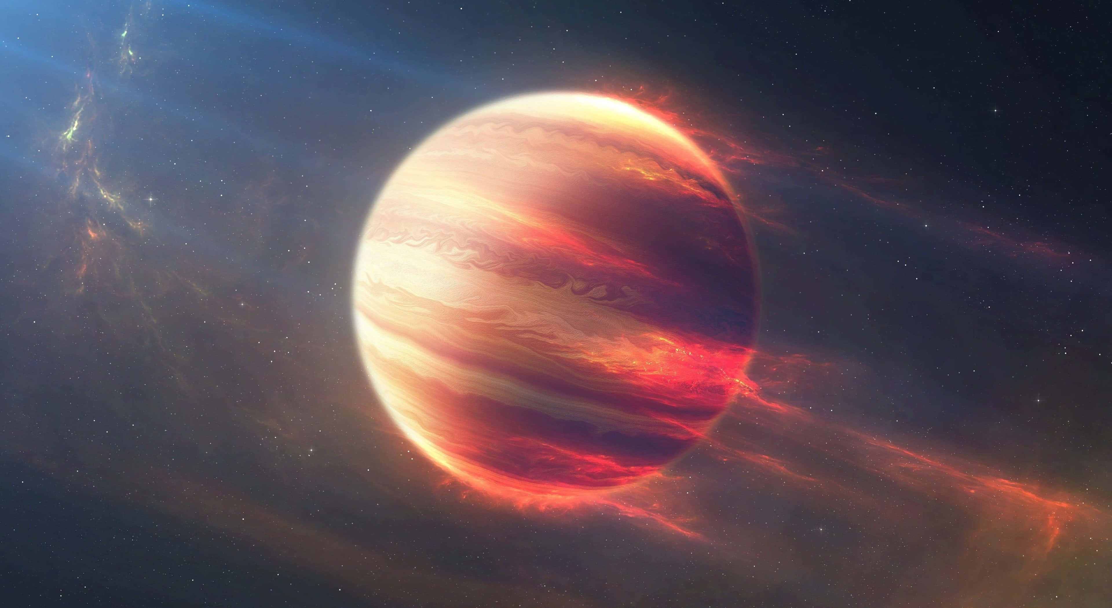 Exoplanet 桌布 壁紙 — 一顆帶有旋轉雲層的熾熱紅橙色氣體巨星行星，在星光燦爛的宇宙背景中閃耀，周圍有發光的星雲。