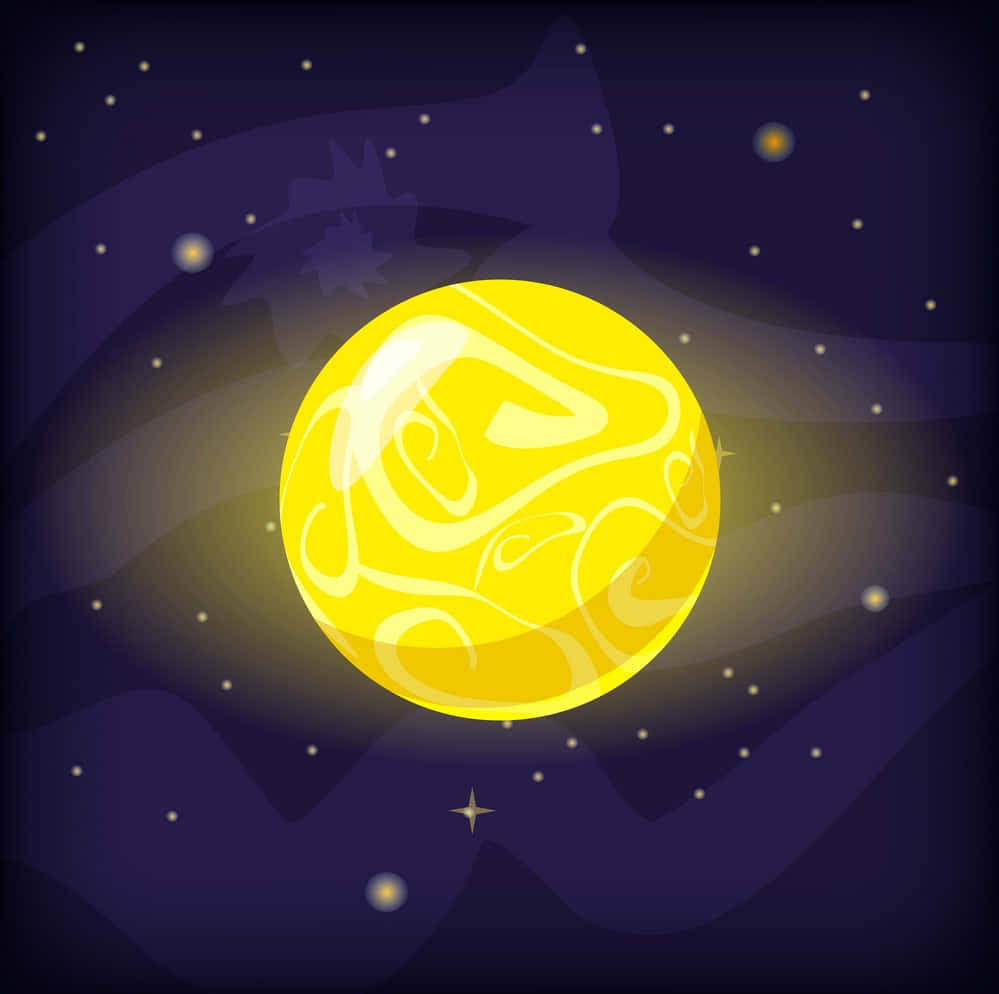 Cartoon Space 桌布 壁紙 — 一顆帶有漩渦圖案的發光黃色行星，漂浮在星光點點的紫色夜空中，伴隨著柔和的光線。