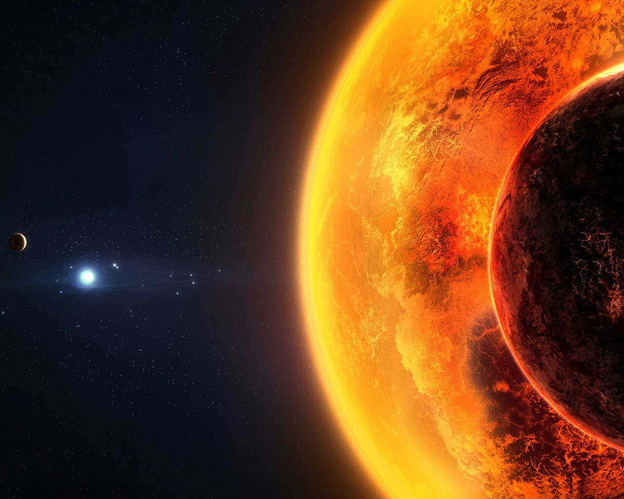 太陽 桌布 壁紙 — 一顆帶有漩渦雲層的熾熱橙色行星，在繁星點點的夜空背景下，遮蔽了一顆黑暗行星，遠處有一顆明亮的恆星。