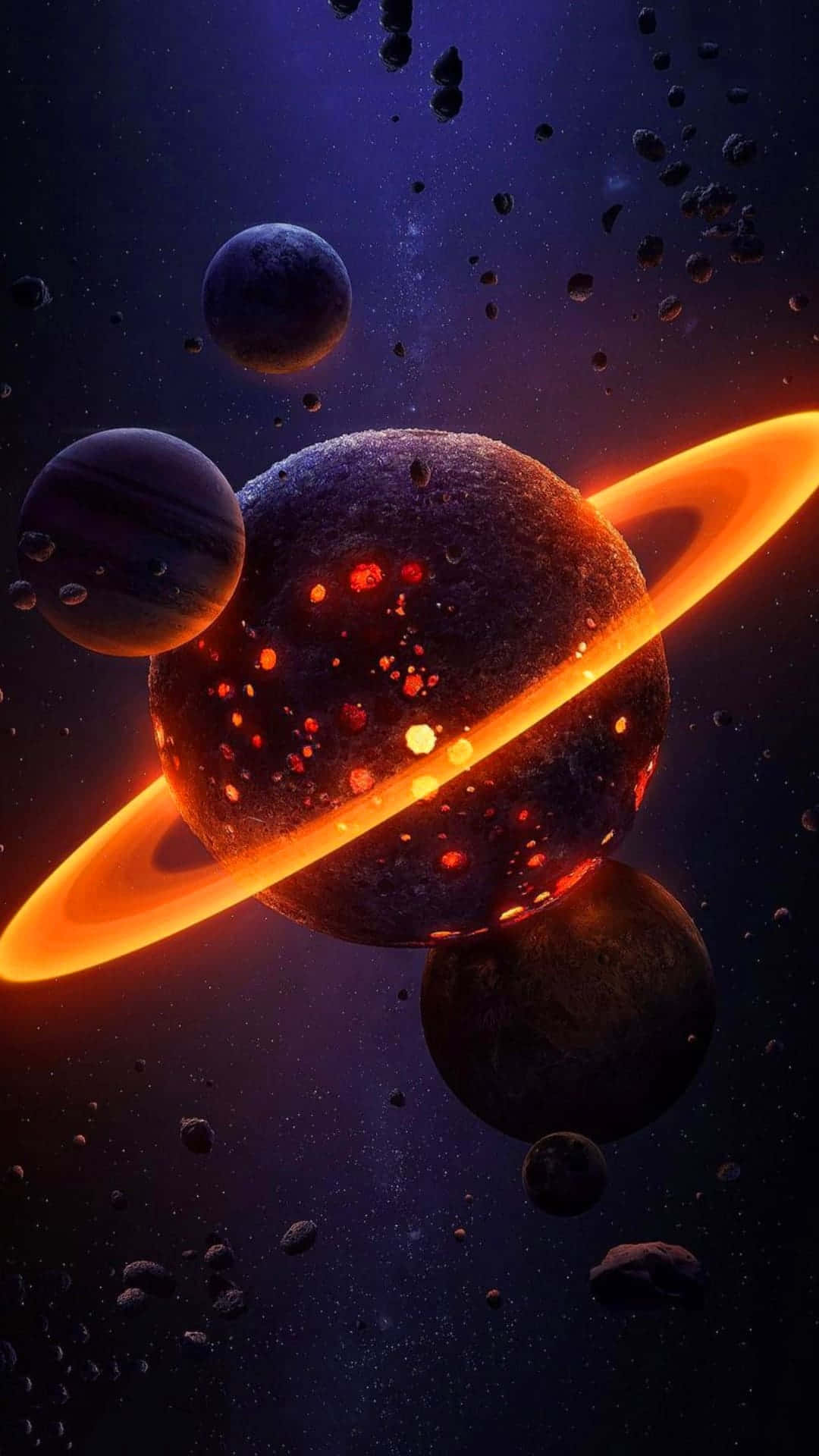 土星 桌布 壁紙 — 一顆帶有發光熔岩斑點的熾熱環狀行星漂浮在深空宇宙虛無中的小行星和遙遠衛星之間。