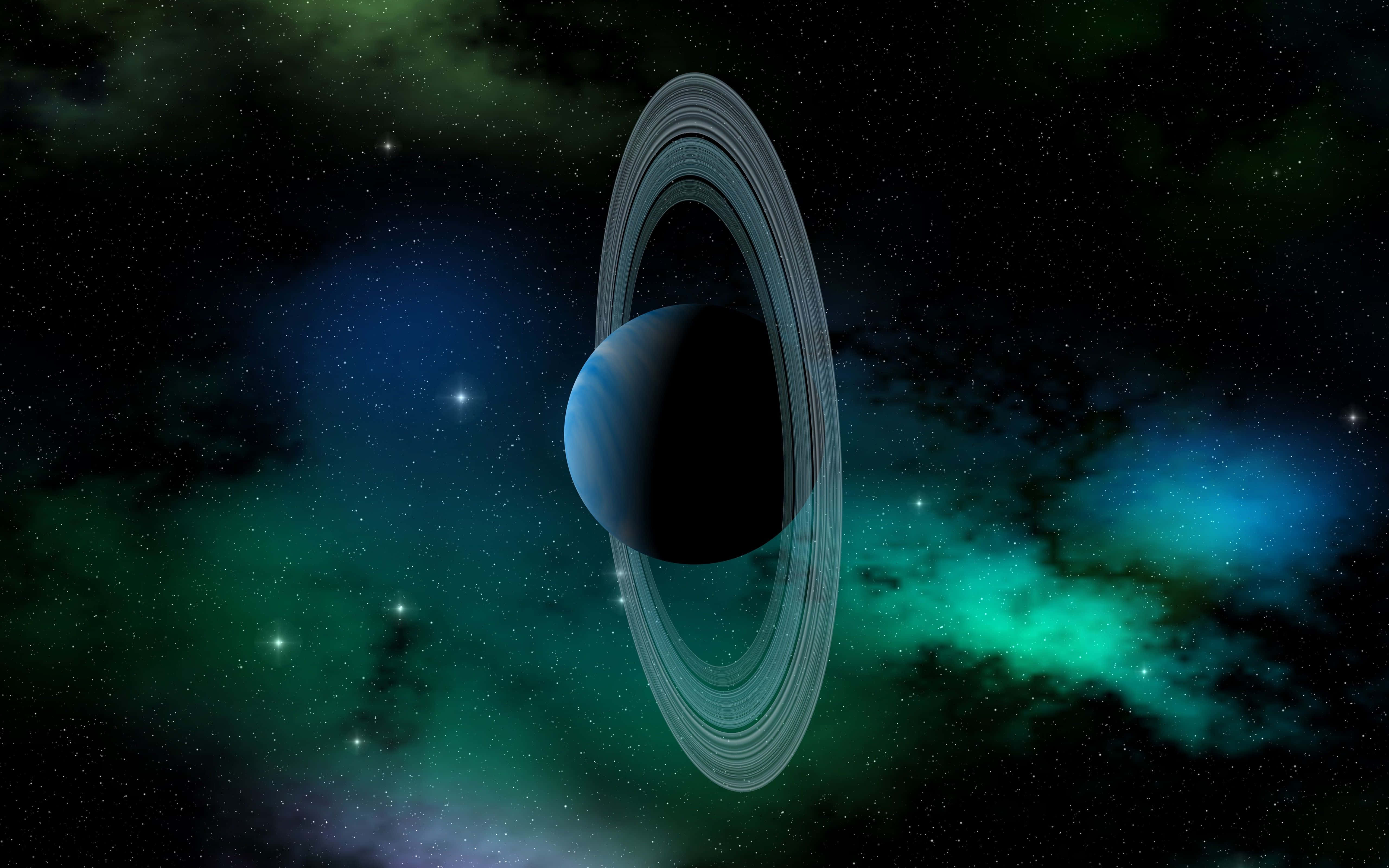 Uranus 桌布 壁紙 — 一顆帶有藍色和黑色色調的環狀行星漂浮在充滿活力的綠色和藍綠色星雲中，星雲中點綴著星星。