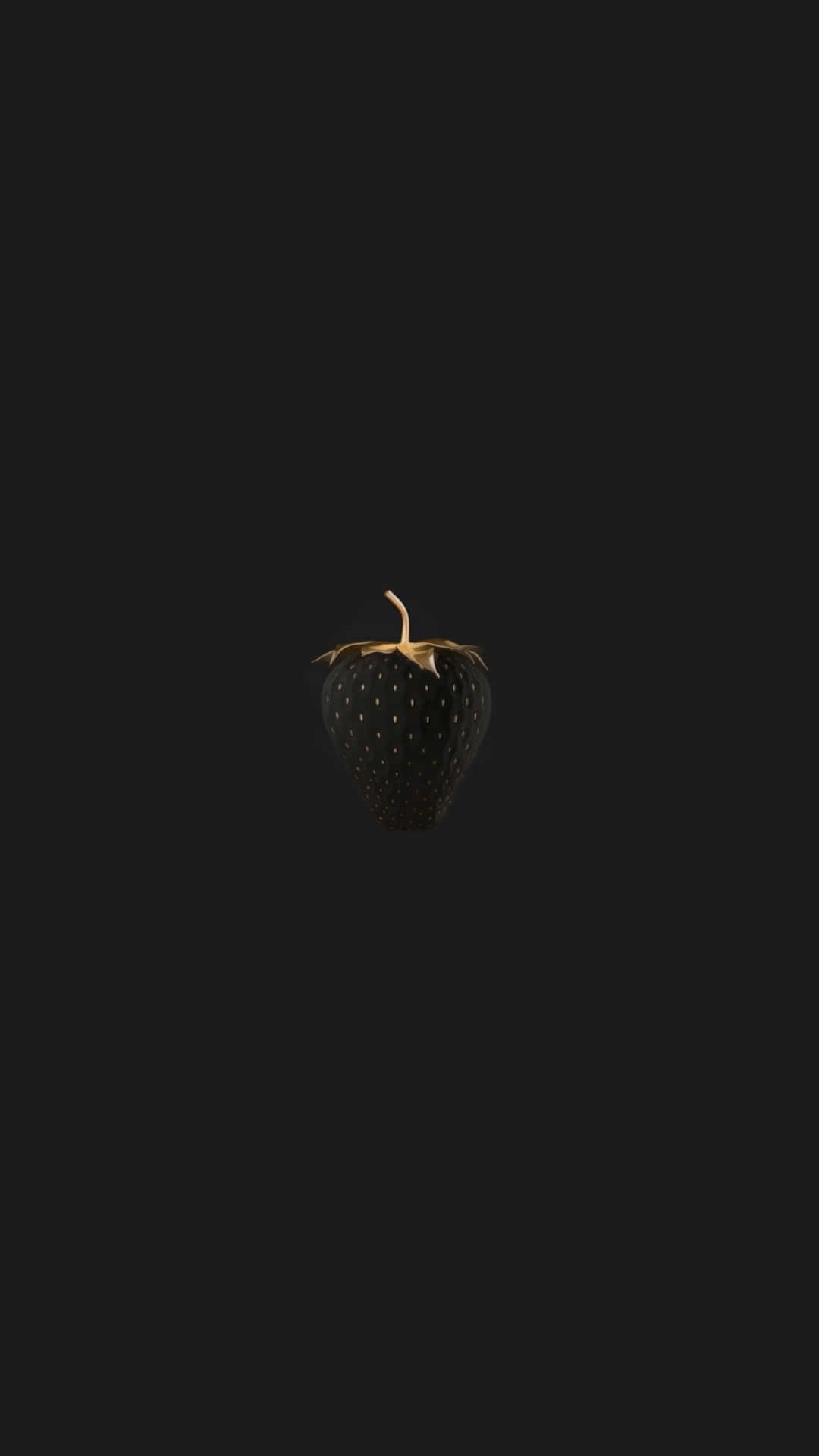 黑色 iPhone 壁紙 桌布 壁紙 — 一顆帶有金色莖的黑色草莓漂浮在深啞光黑色背景上。