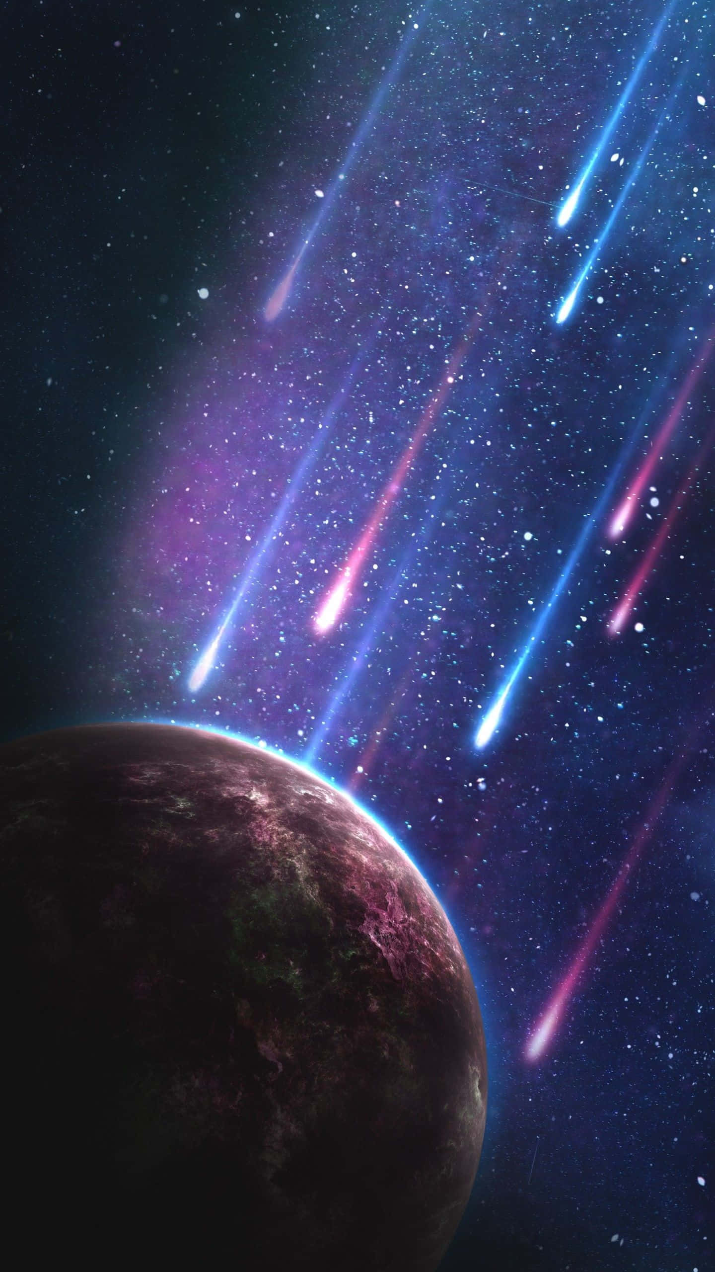 Space Phone 桌布 壁紙 — 一顆擁有發光地平線的行星，被鮮豔的藍色和粉紅色流星劃過星空宇宙天空所穿透。