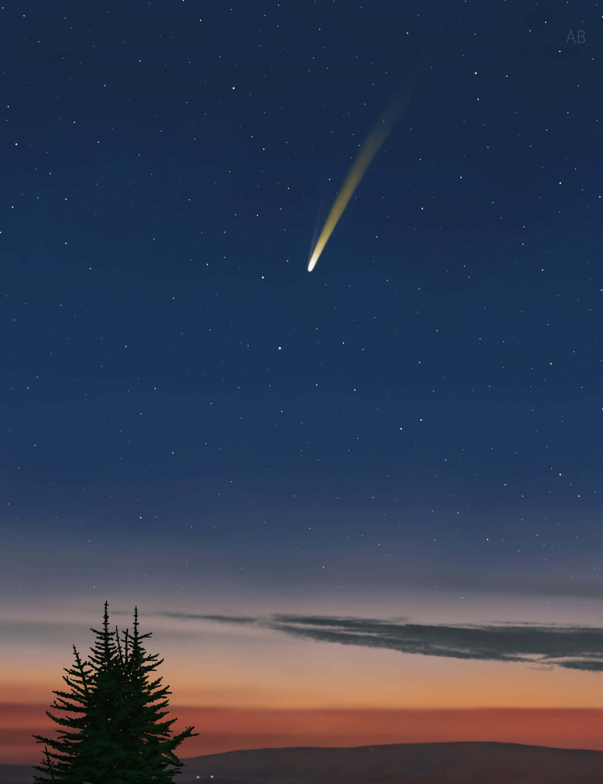 comet 桌布 壁紙 — 一顆明亮的彗星劃過星光閃爍的暮色天空，下方是剪影般的松樹和遠山。