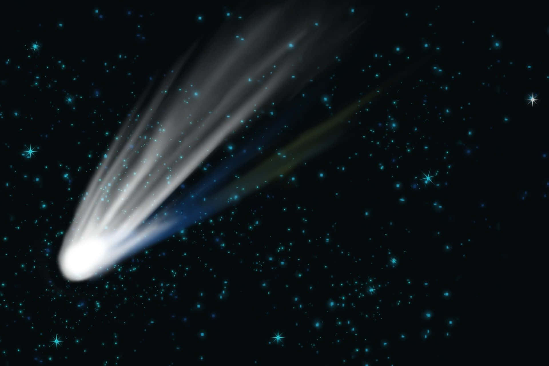 comet 桌布 壁紙 — 一顆明亮的彗星拖著閃亮的尾巴，在黑暗的宇宙背景下，劃過佈滿藍色星星的星空。