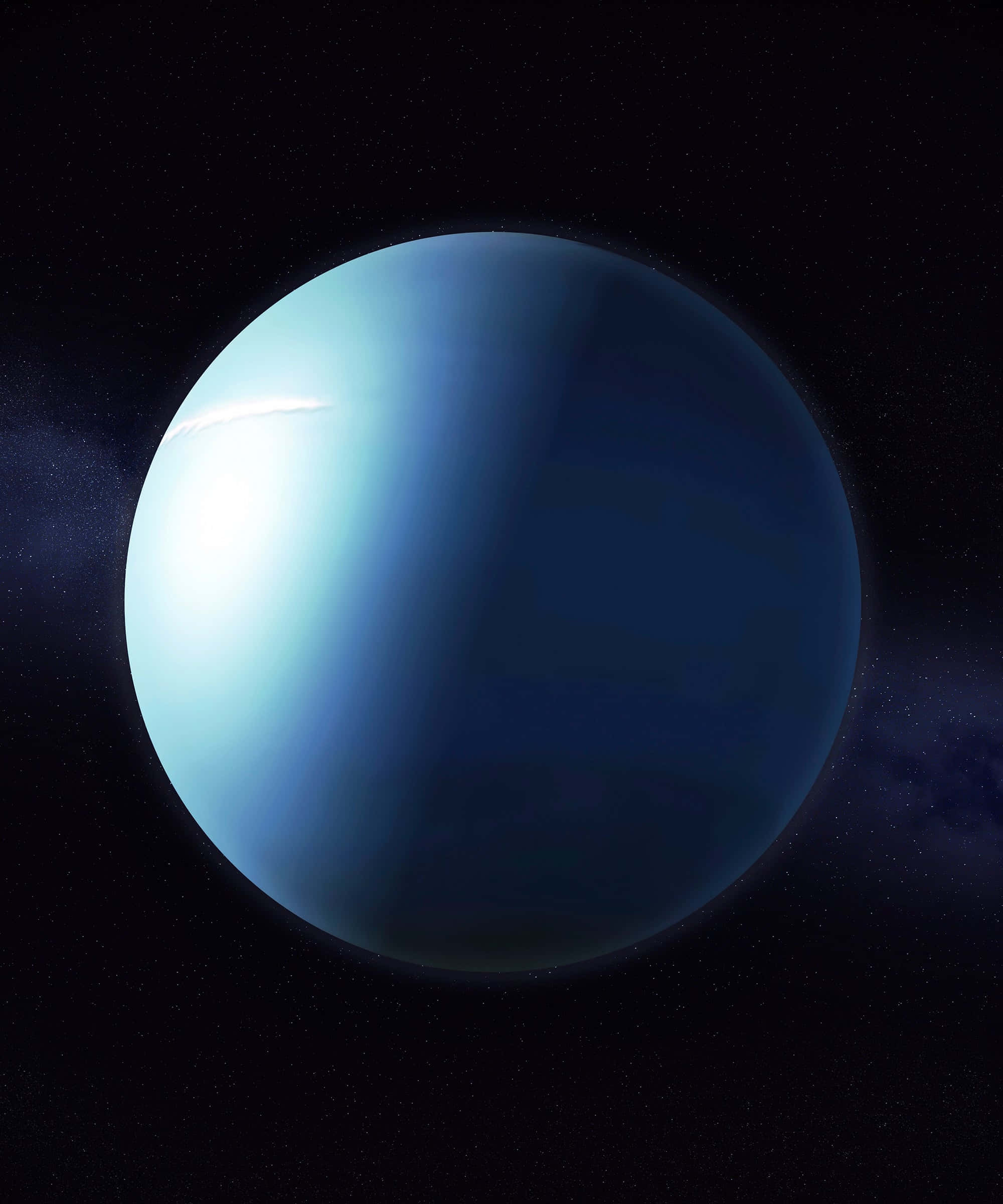 Uranus 桌布 壁紙 — 一顆明亮的藍色行星在佈滿星星的黑色虛空中發光，表面有明亮的月牙形高光。