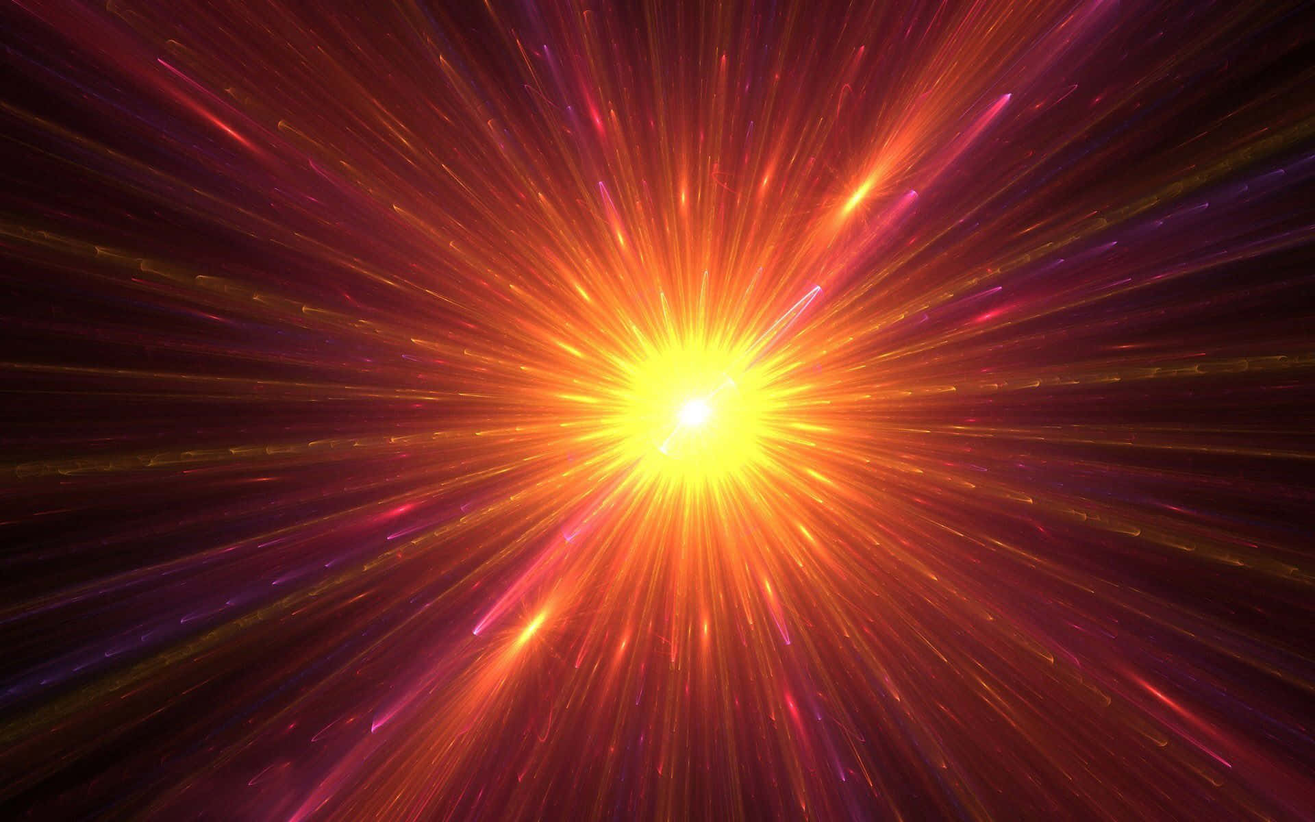 Rays 桌布 壁紙 — 一顆明亮的黃色星爆向外爆發，帶有火熱的橙色和深紫色條紋，映襯著黑暗的宇宙虛空。