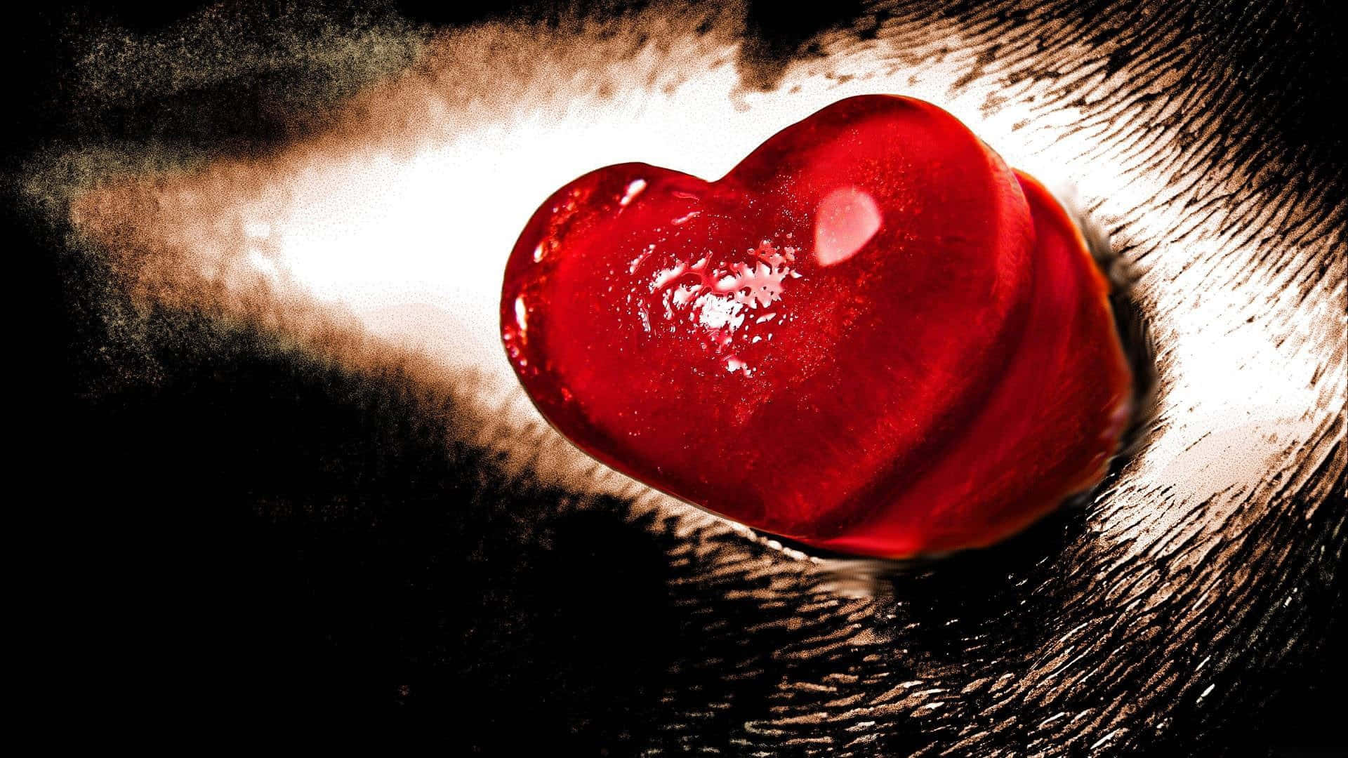 3d Heart 桌布 壁紙 — 一顆有光澤的紅色心形果凍糖放在旋渦狀深棕色紋理背景上，背後有明亮的光線。