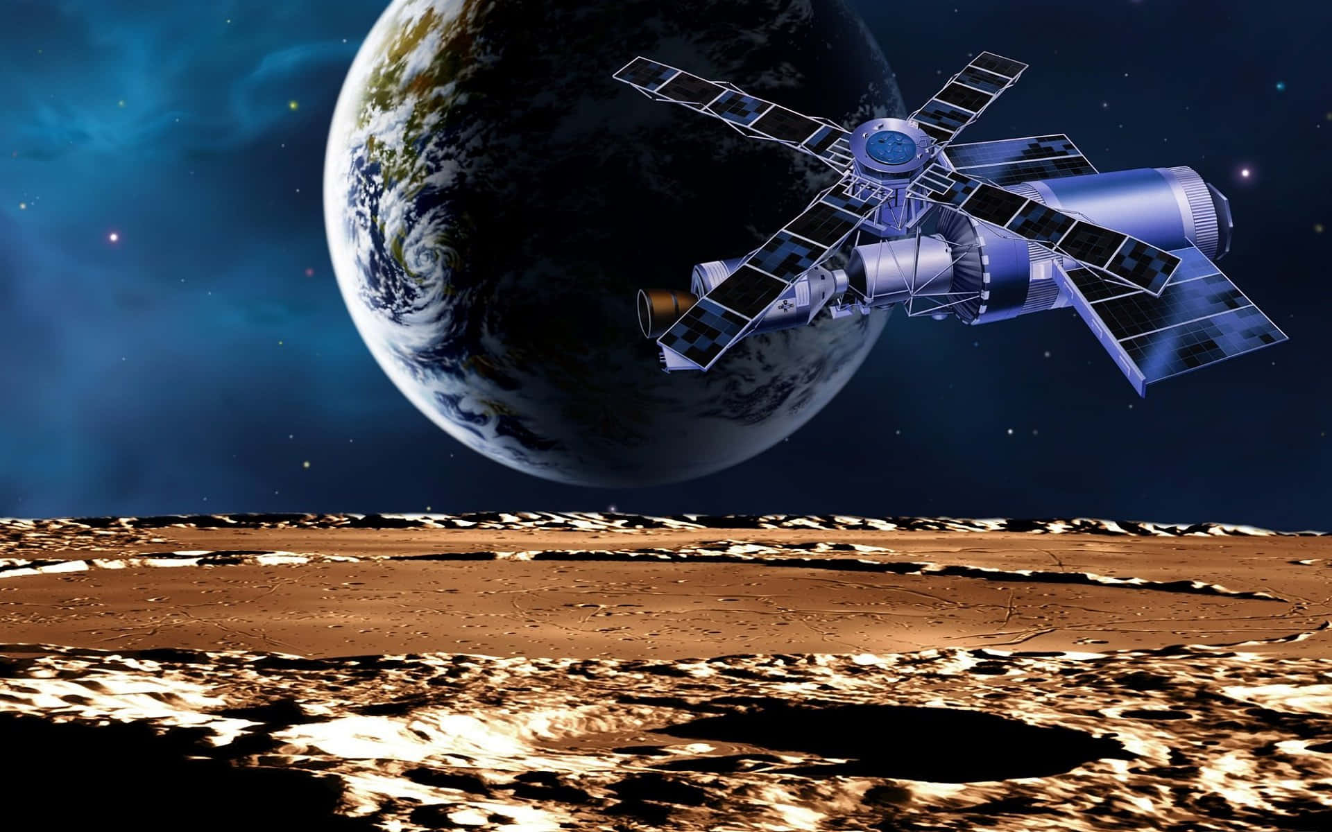 Space Exploration 桌布 壁紙 — 一顆未來衛星在佈滿隕石坑的外星月球上方軌道運行，地球在星空背景下清晰可見。