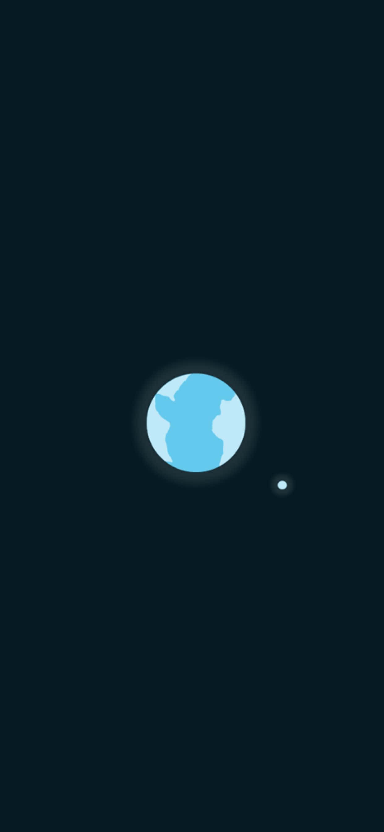 Minimalist Phone 桌布 壁紙 — 一顆極簡風格的發光藍色行星，伴隨著一顆小衛星，漂浮在深邃黑暗的太空中。