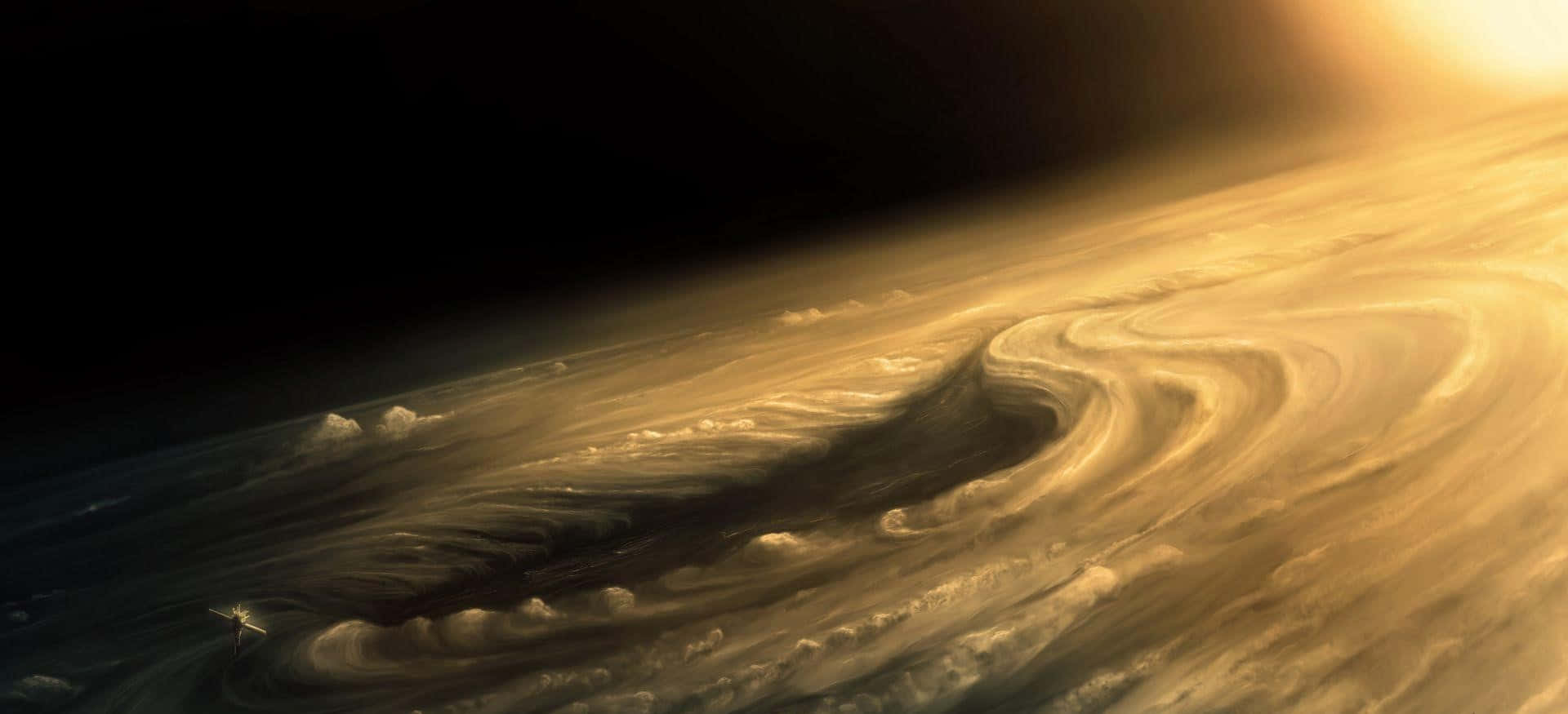 Polar Vortex 桌布 壁紙 — 一顆氣體巨星行星在黑暗宇宙虛空中沐浴在溫暖陽光下的旋轉金色大氣。