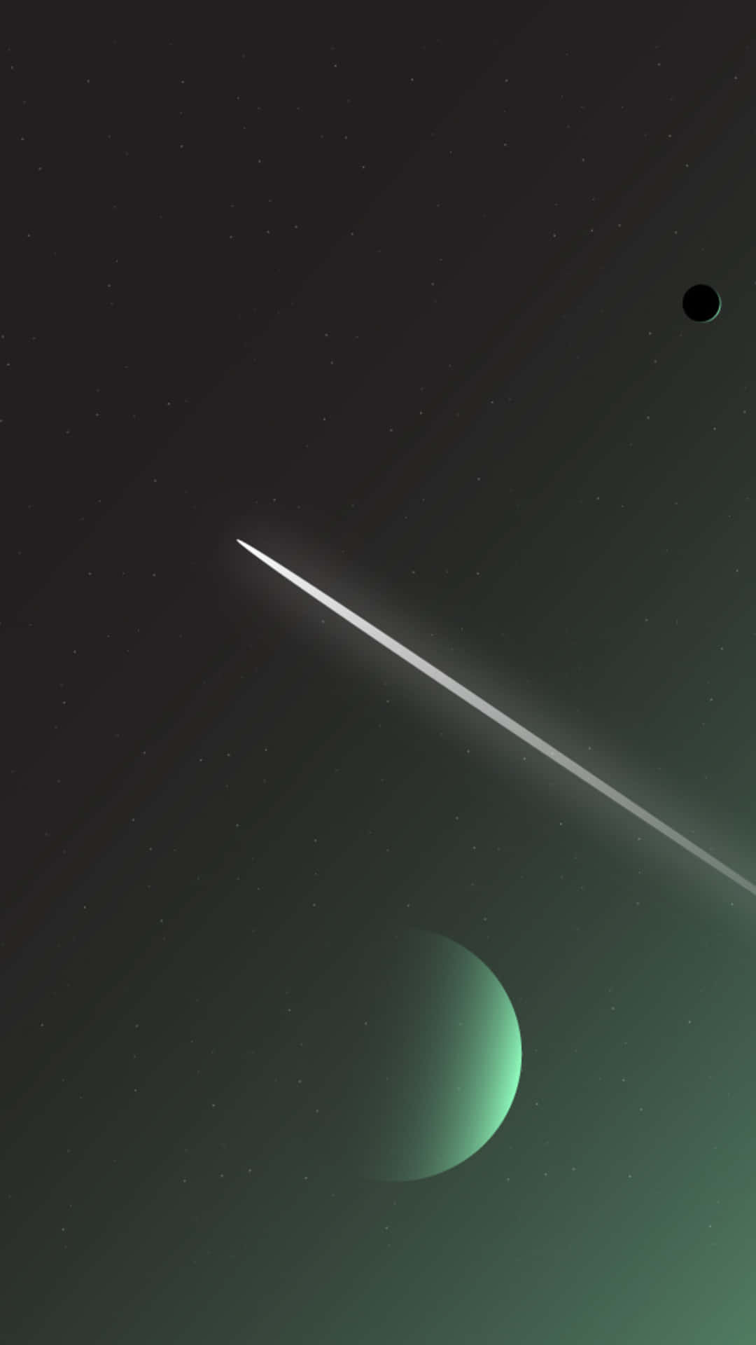 Minimalist Space 桌布 壁紙 — 一顆流線型的白色彗星劃過一顆發光的綠色行星，背景是星光燦爛的宇宙，遠處有一顆黑色的月亮。