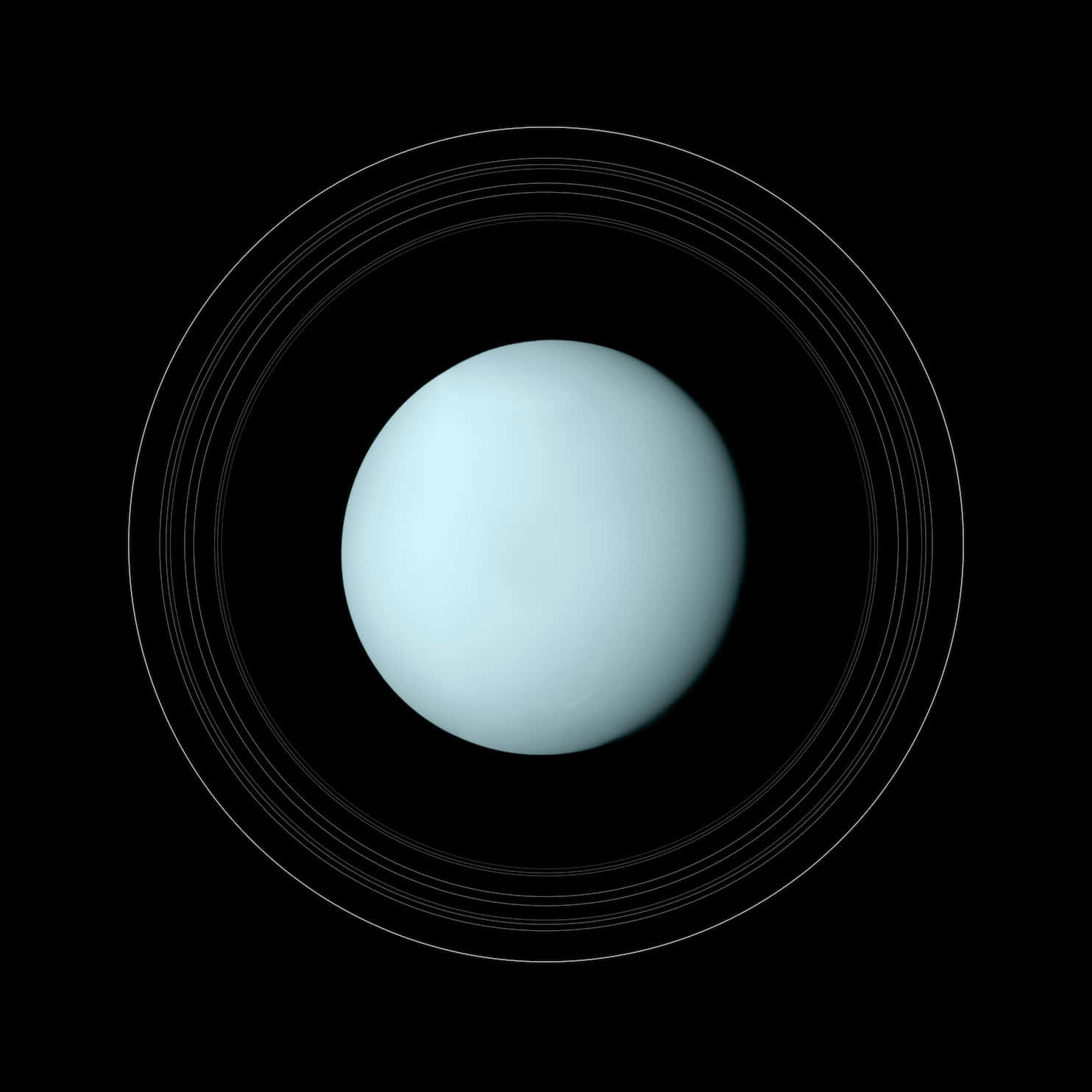 Uranus 桌布 壁紙 — 一顆淡藍色的行星帶著薄環，在深空的黑色虛空中發光。
