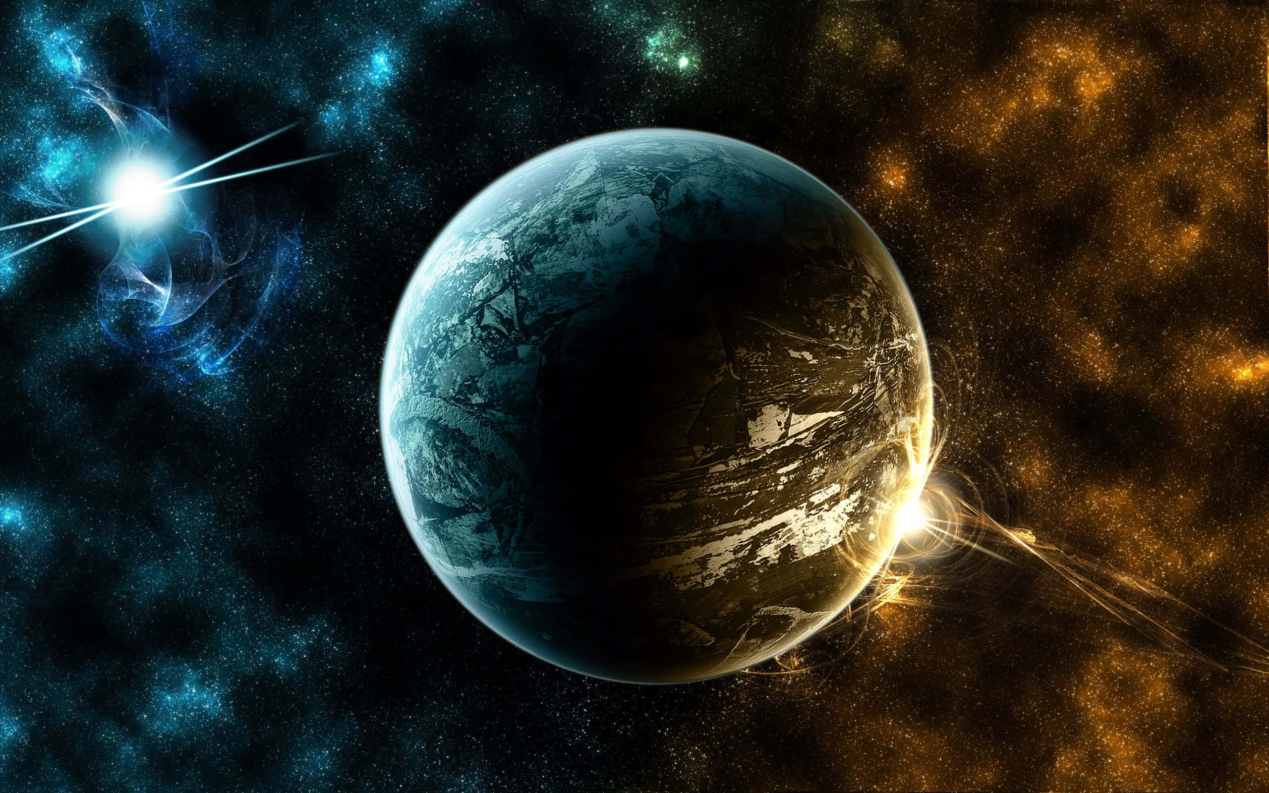 Universe 桌布 壁紙 — 一顆深藍色行星帶有發光的金色光環，在藍色和橙色的鮮豔宇宙星雲中運行。