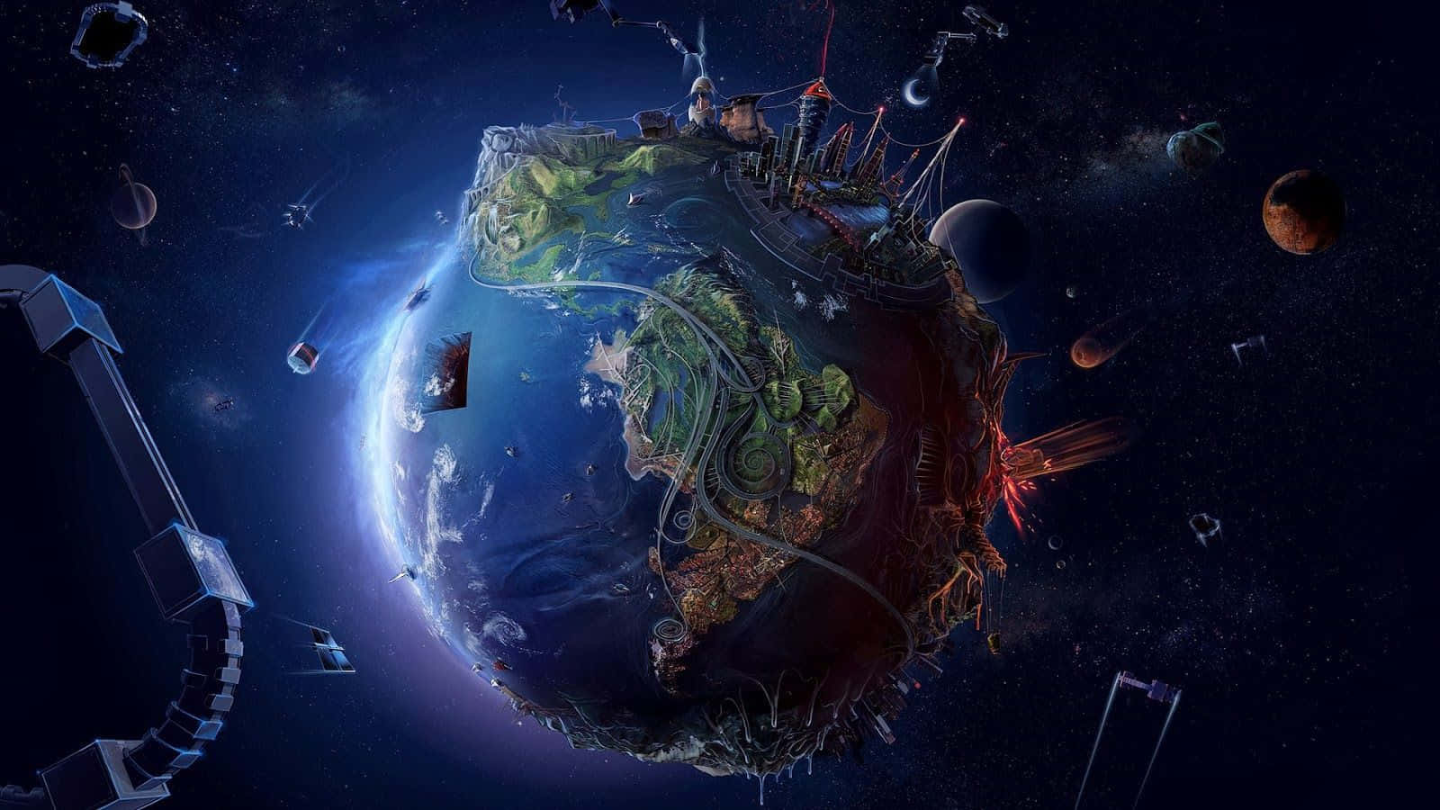 Universe 桌布 壁紙 — 一顆漂浮的行星，擁有茂密的綠色大陸和未來主義城市，周圍環繞著太空碎片和遙遠的行星。