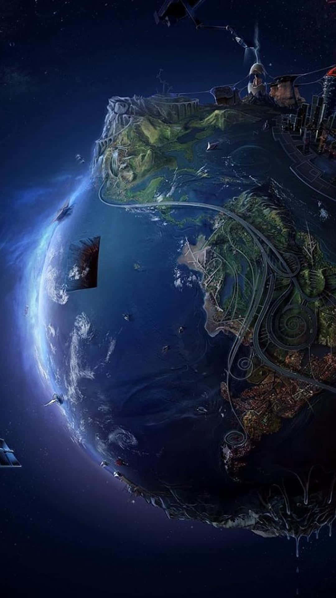 3d Galaxy 桌布 壁紙 — 一顆漂浮的行星，擁有茂密的綠色大陸和未來城市，在星空下的深空中運行。