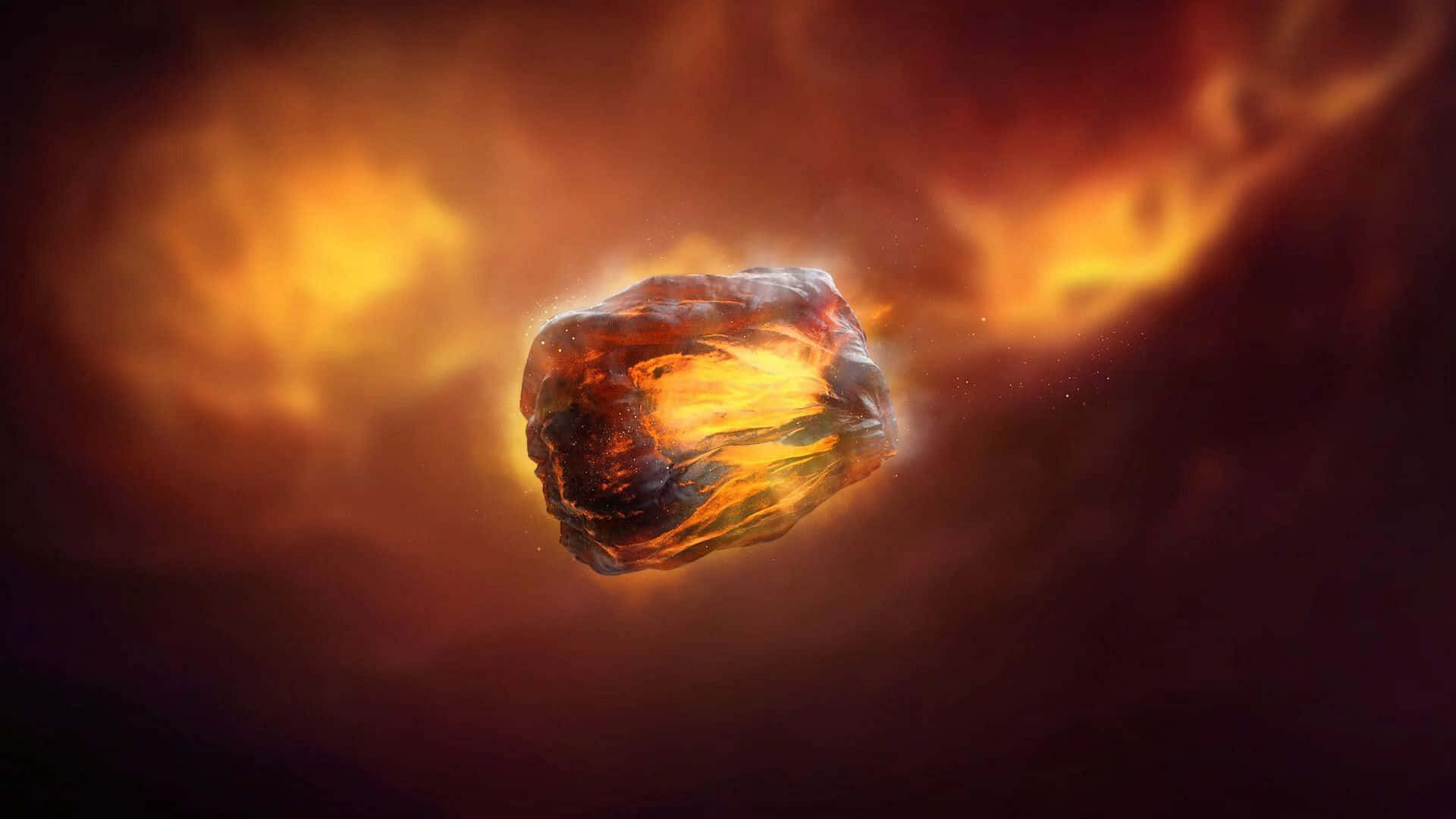 Mind Stone 桌布 壁紙 — 一顆熾熱發光的流星體劃過由橙色和紅色宇宙氣體組成的旋轉星雲。