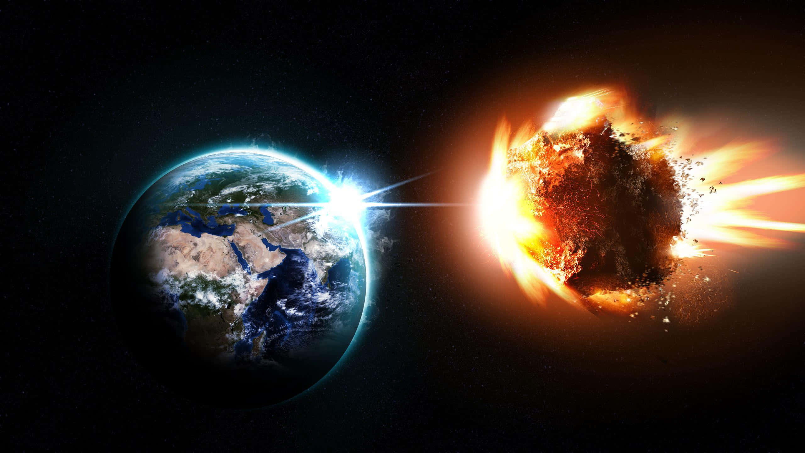 Asteroid 桌布 壁紙 — 一顆熾熱的小行星拖著發光的碎片，在星空中向地球衝撞而來。