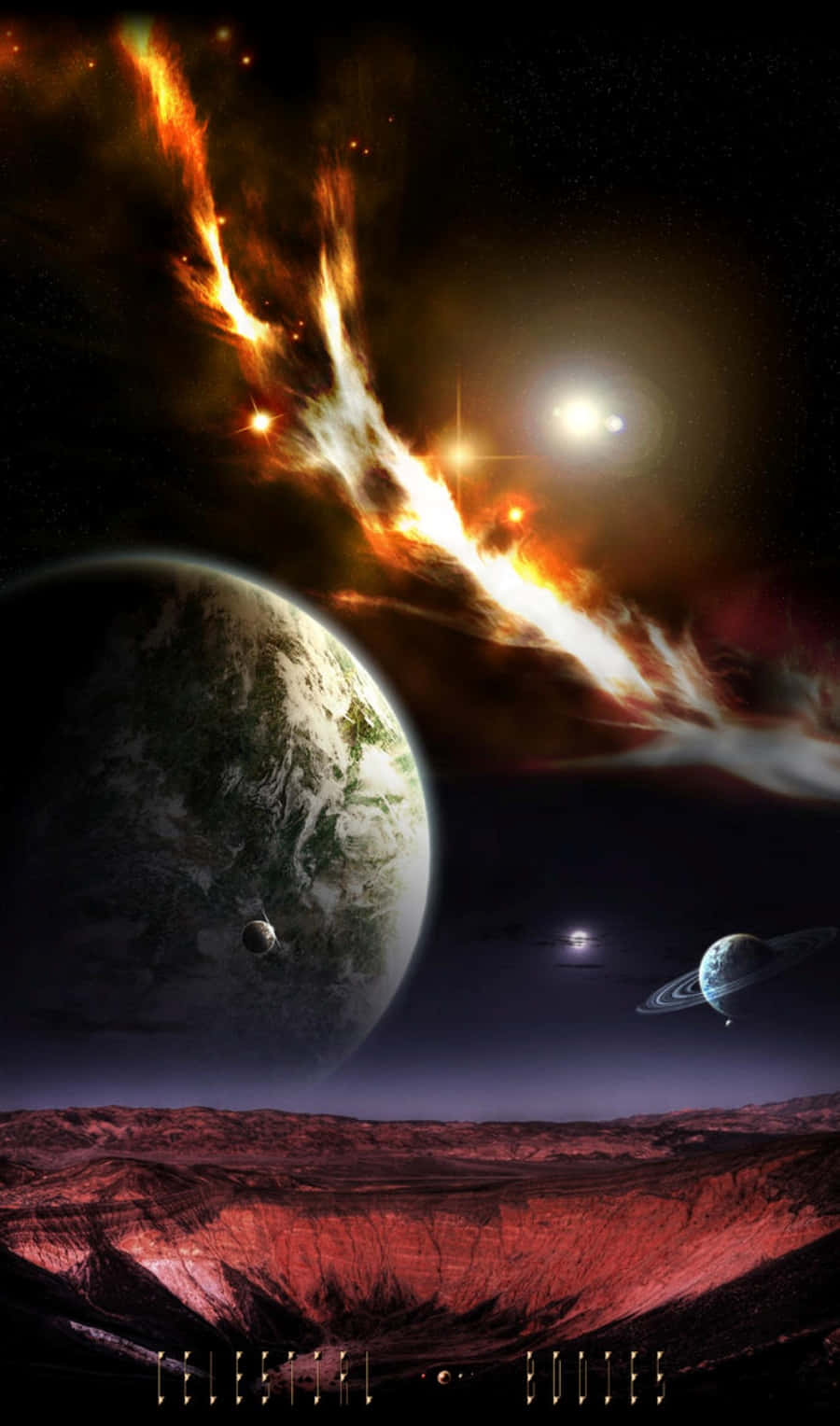Celestial Bodies 桌布 壁紙 — 一顆熾熱的彗星在星空下掠過一個鬱鬱蔥蔥的綠色星球，上方是紅色的外星峽谷。