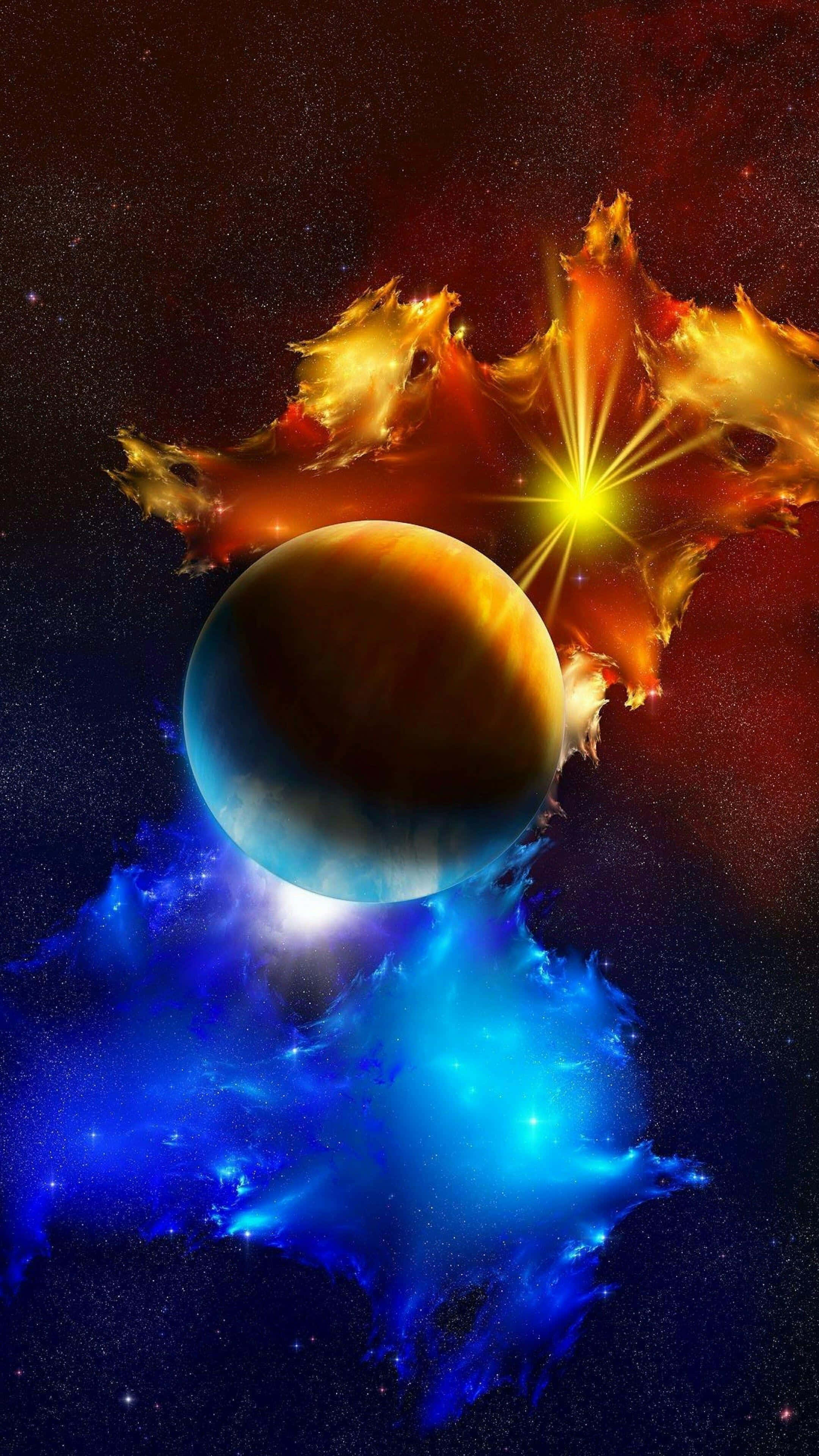 手機 桌布 壁紙 — 一顆熾熱的橙色星爆在行星後方爆發，而充滿活力的藍色星雲在下方旋轉，構成宇宙奇觀。