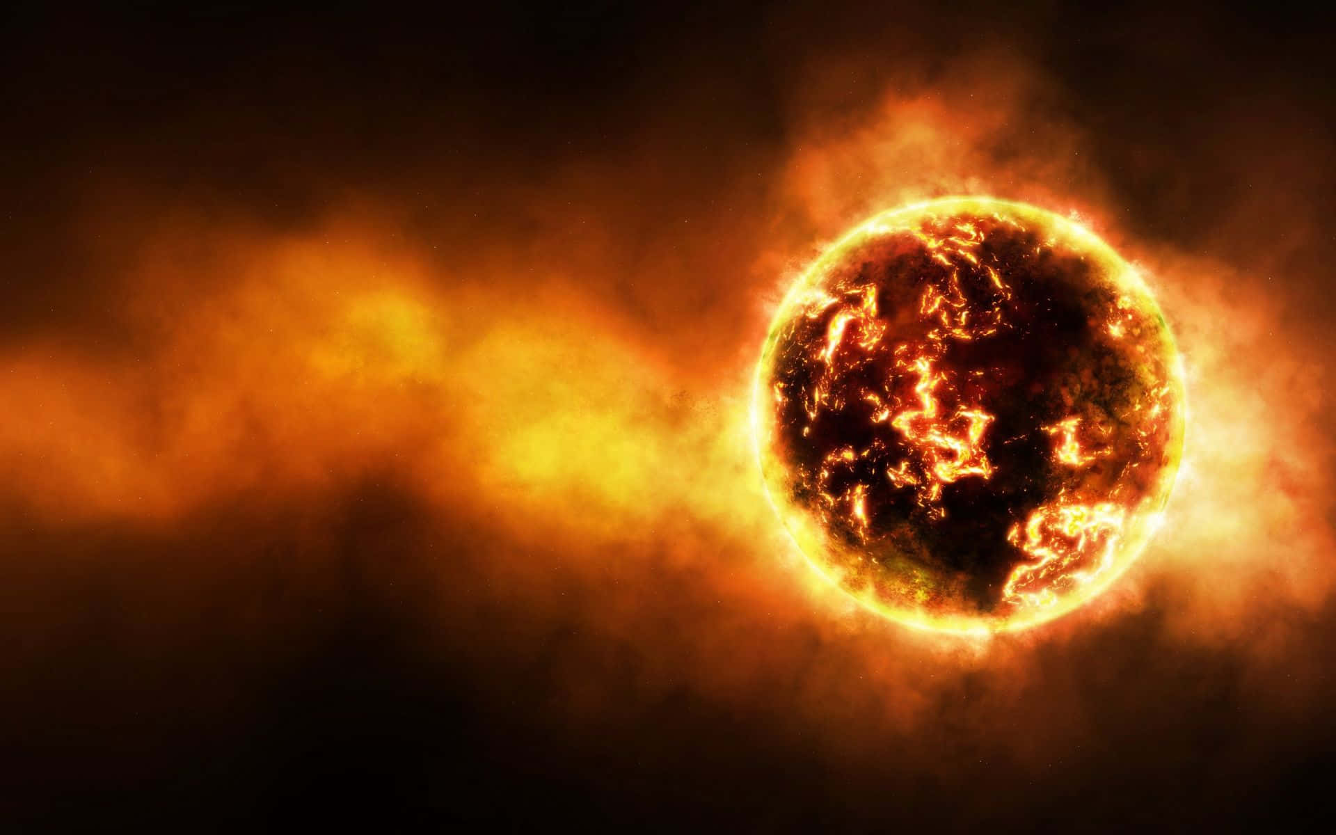 Burn 桌布 壁紙 — 一顆熾熱的行星，在黑暗的宇宙背景下噴發出熾熱的橙色和黃色熔岩流。