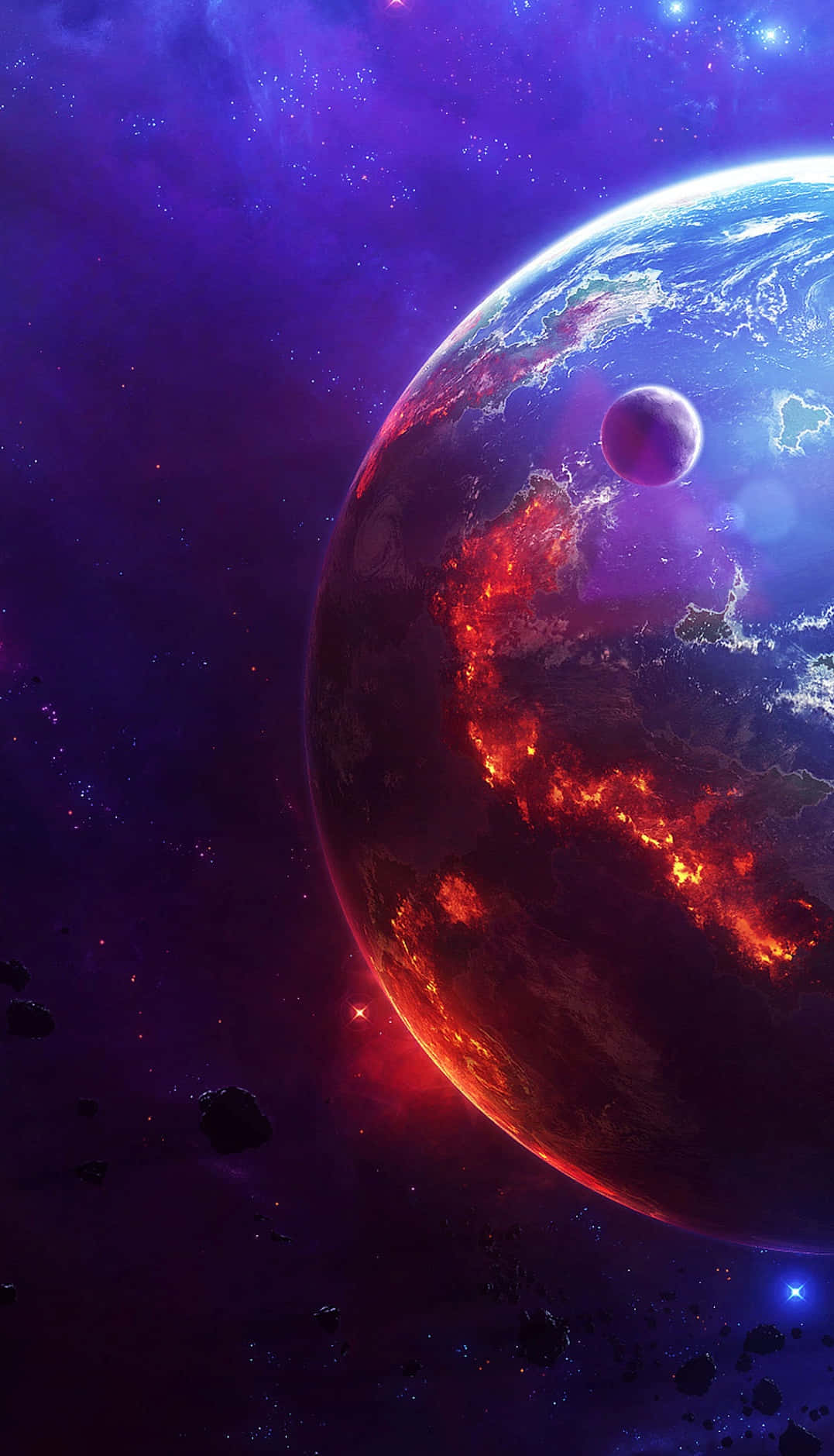 Celestial Bodies 桌布 壁紙 — 一顆熾熱的行星，熔岩流發光，主宰著宇宙場景，背景是繁星點點的紫色星雲，還有一顆小衛星和漂浮的小行星。