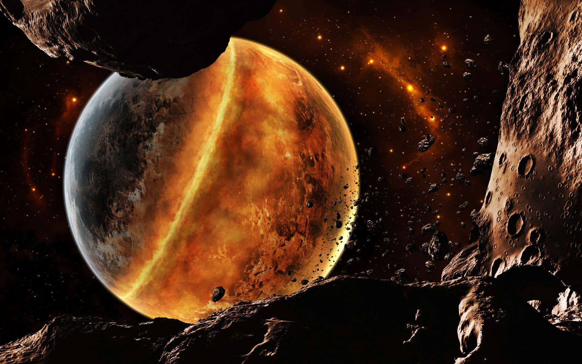 Asteroid 桌布 壁紙 — 一顆熾熱的行星帶有發光的大氣帶，被鋸齒狀的小行星框在佈滿星星的宇宙虛空中。