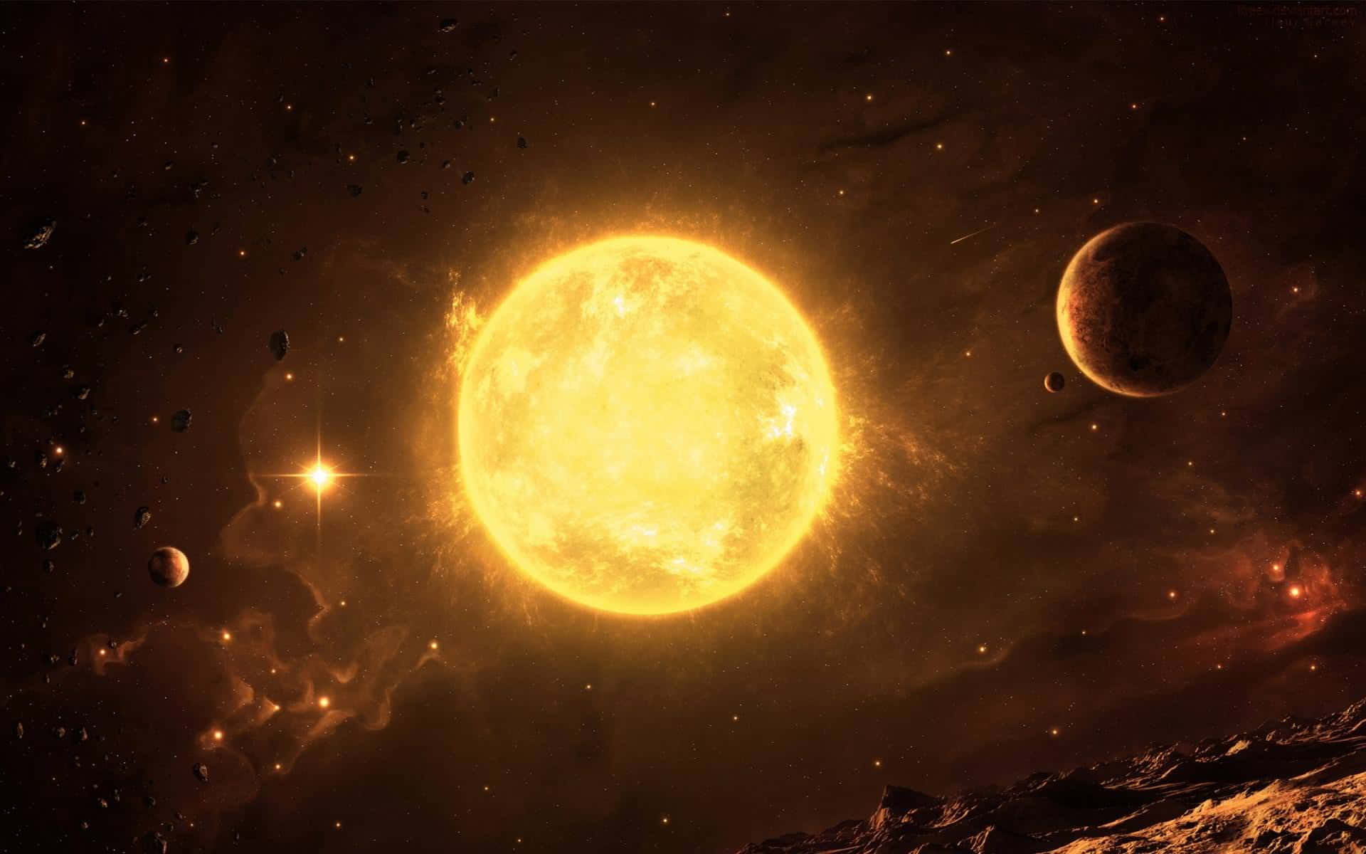 太陽 桌布 壁紙 — 一顆熾熱的黃色太陽主宰著宇宙場景，周圍有軌道行星和遙遠的恆星，背景是黑暗星雲。