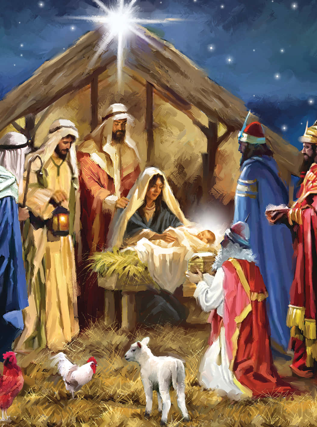 Nativity 桌布 壁紙 — 一顆璀璨的星星照耀著一個簡陋的馬廄，馬利亞懷抱著剛出生的耶穌，牧羊人和智者圍繞在旁。