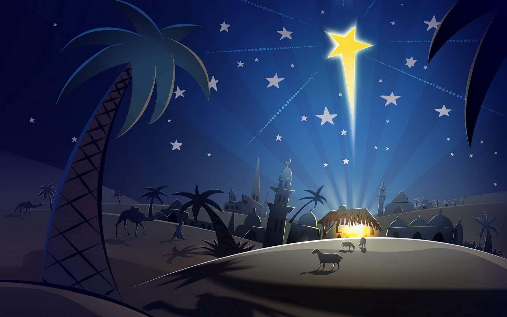 Nativity 桌布 壁紙 — 一顆璀璨的星星照耀著夜晚沙漠村莊，有棕櫚樹、駱駝和一個在星空下發光的馬廄。