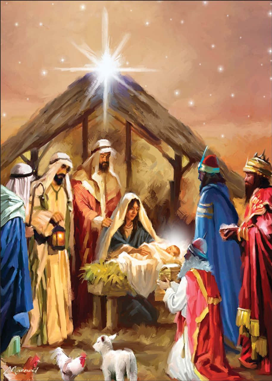 Nativity Scene 桌布 壁紙 — 一顆璀璨的星星照耀著簡陋的馬槽，瑪利亞懷抱著初生的耶穌，周圍是敬拜的牧羊人和智者。
