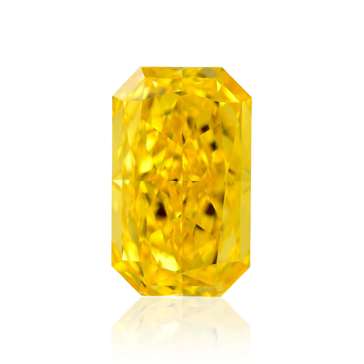 Yellow Diamond 桌布 壁紙 — 一顆璀璨的黃色祖母綠切割鑽石，在純白背景上閃耀著火彩般的刻面。