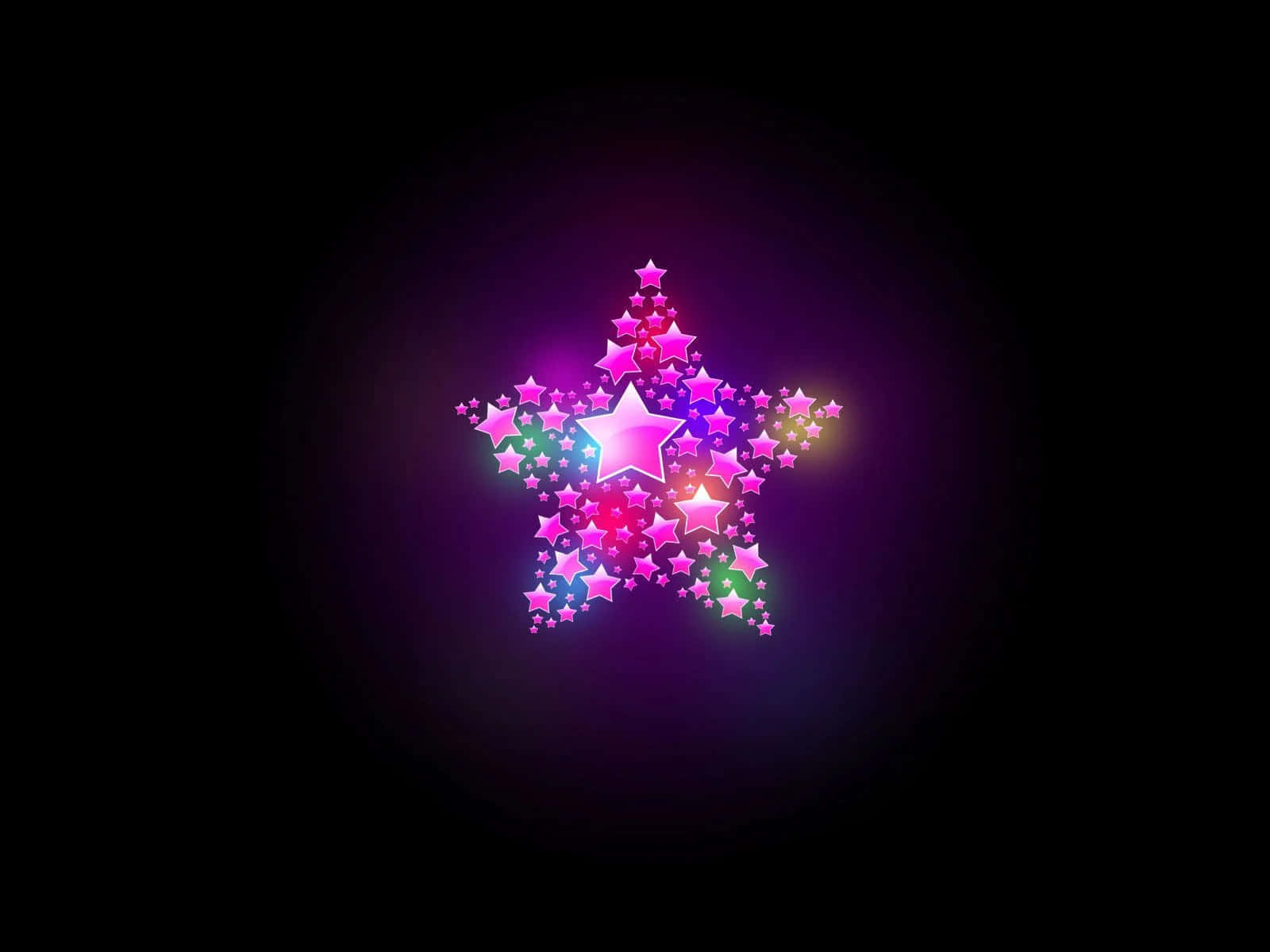 3d Star 桌布 壁紙 — 一顆由較小星星組成的閃耀發光星星，在黑暗背景上脈動著充滿活力的粉紅色、紫色和綠色色調。