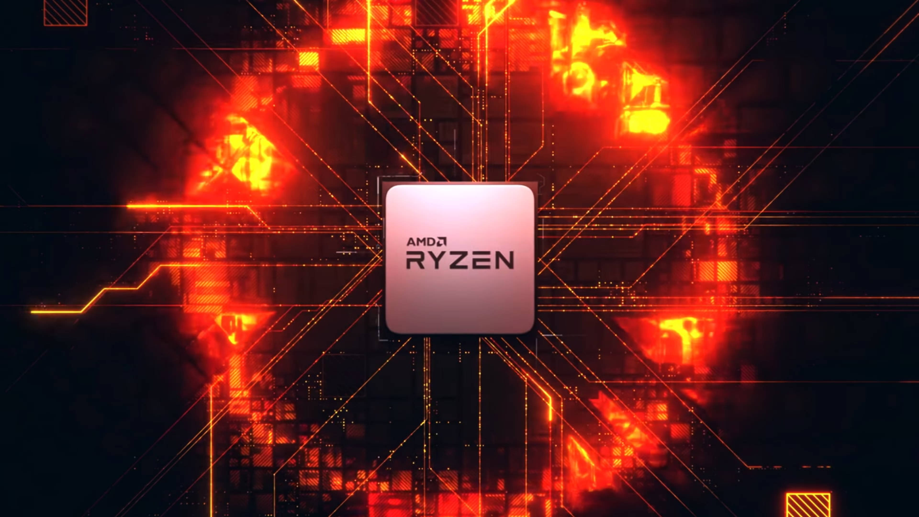 4K 桌布 壁紙 — 一顆發光的AMD Ryzen處理器晶片，在黑暗背景中，置於熾熱的橙色電路和數碼數據流之間。