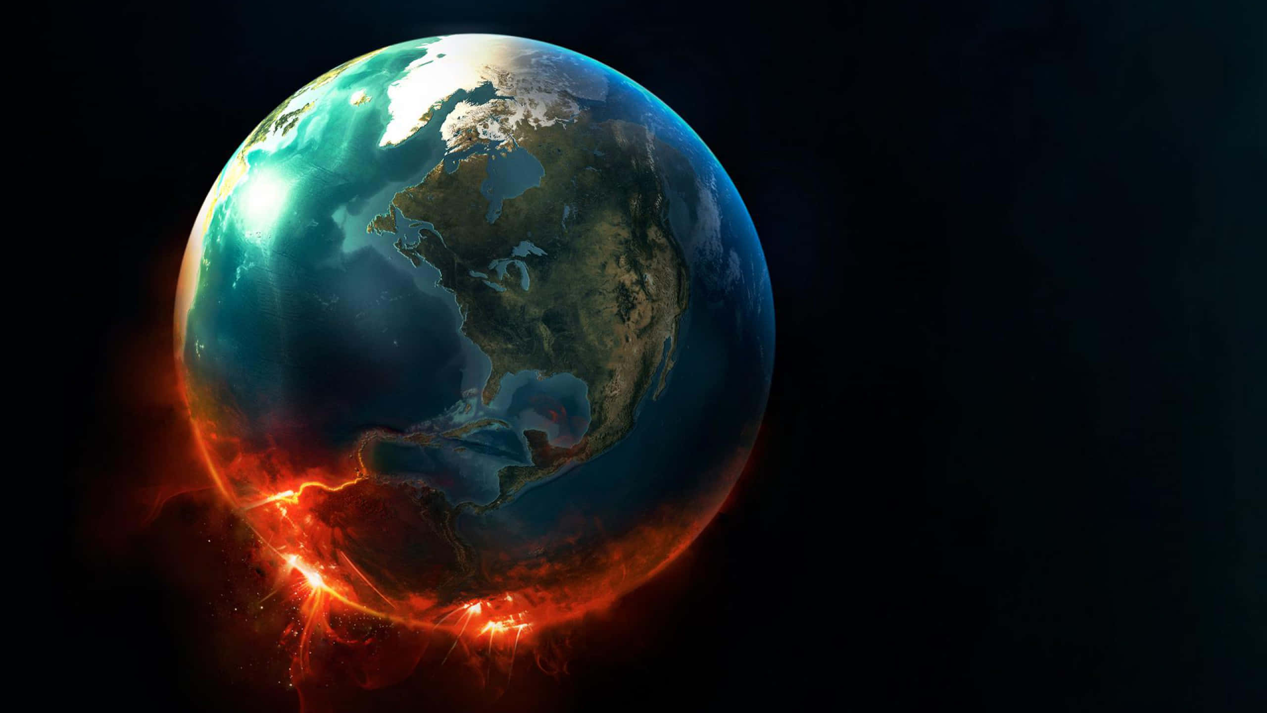 3d Earth 桌布 壁紙 — 一顆發光的地球，其下半球噴出熾熱的熔岩，背景是黑暗的宇宙。