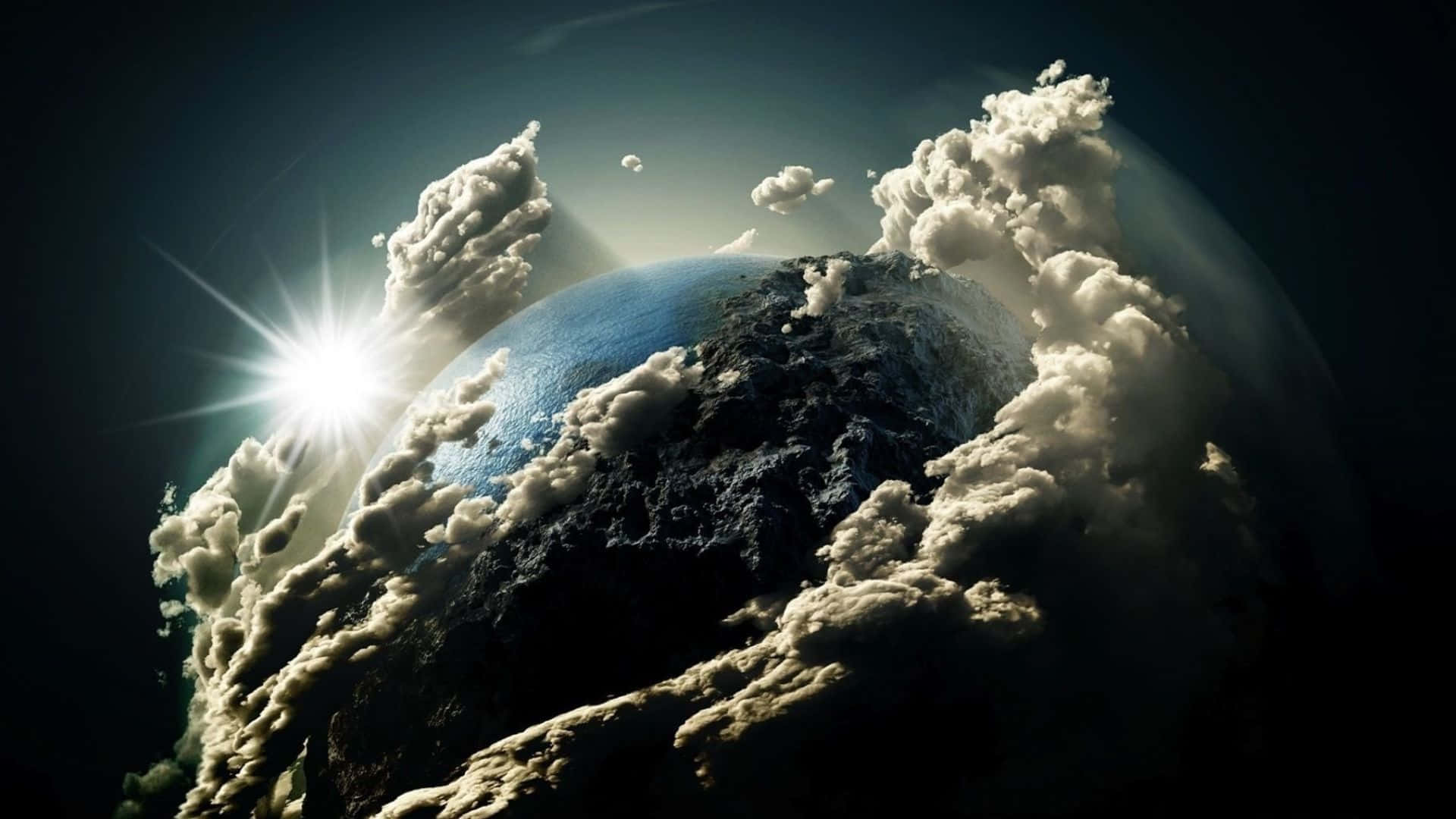 3d Earth 桌布 壁紙 — 一顆發光的太陽穿透圍繞著一顆藍色岩石行星的戲劇性雲層，在深空中。